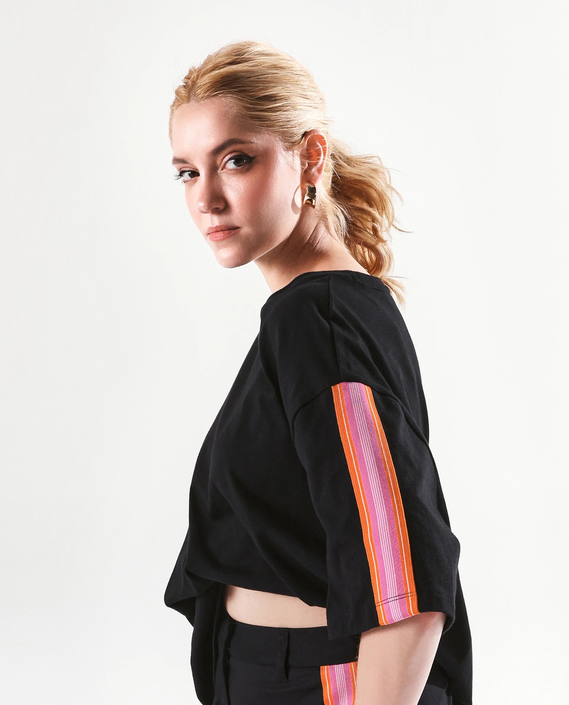 Rareism Women's Nonwen T Black Polyester Blend Crew Neck Striped Oversized T-Shirt