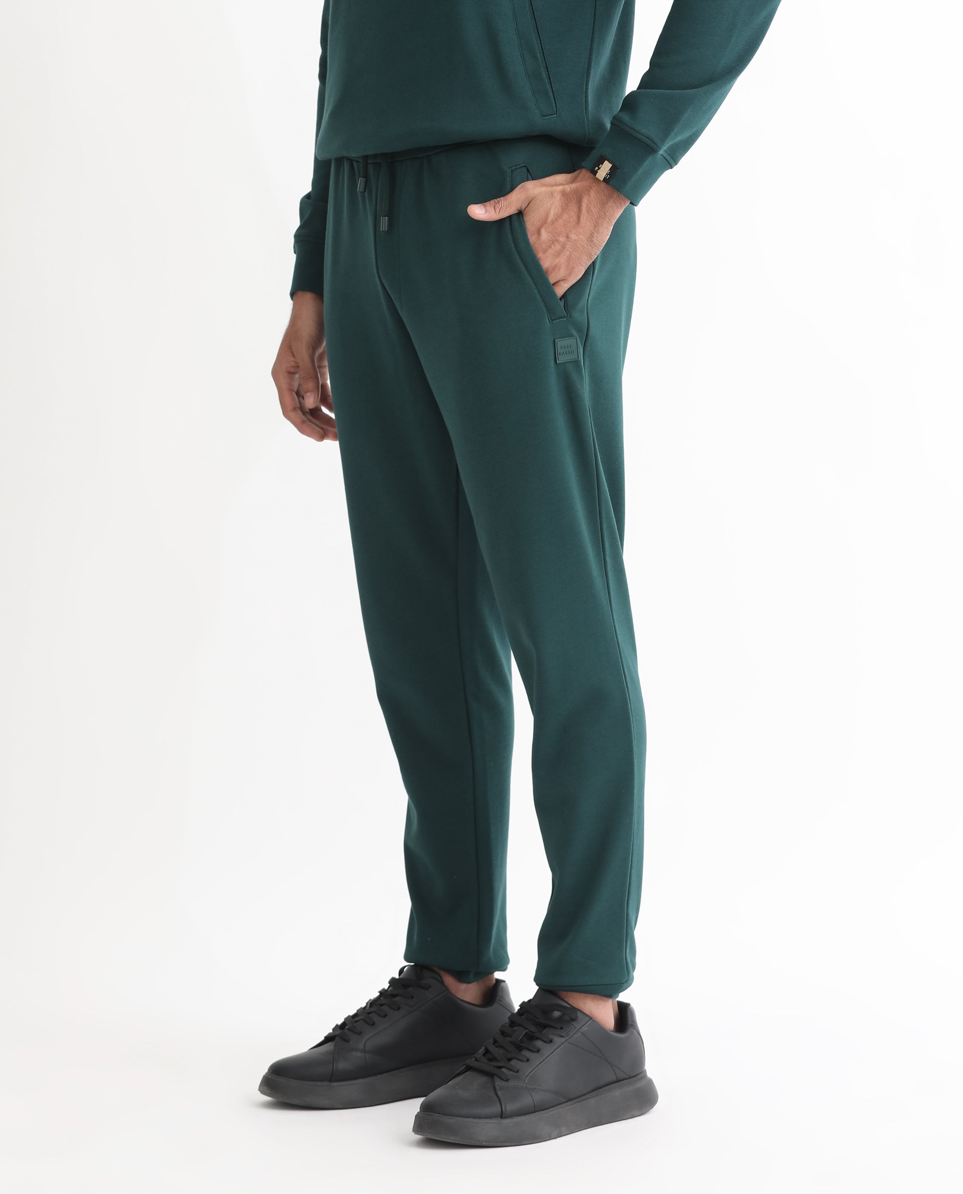 Rare Rabbit Mens Oza Dark Green Cotton Polyester Fabric Drawstring Closure Regular Fit Mid Rise Trackpant