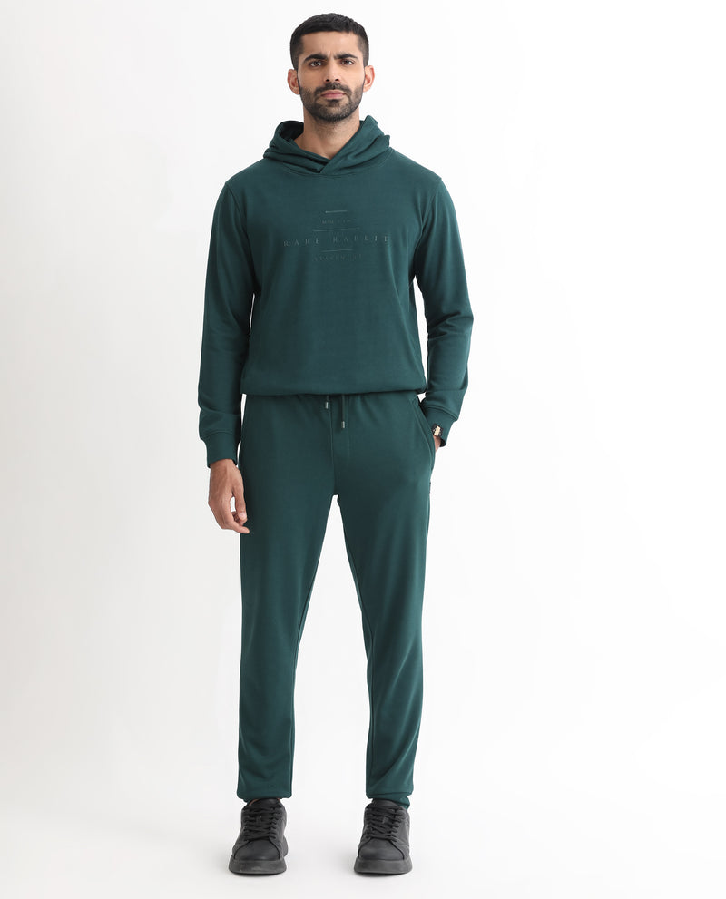RARE RABBIT MENS OZA DARK GREEN TRACK PANT COTTON POLYESTER TERRY FABRIC MID RISE KNITTED DRAW STRING CLOSURE