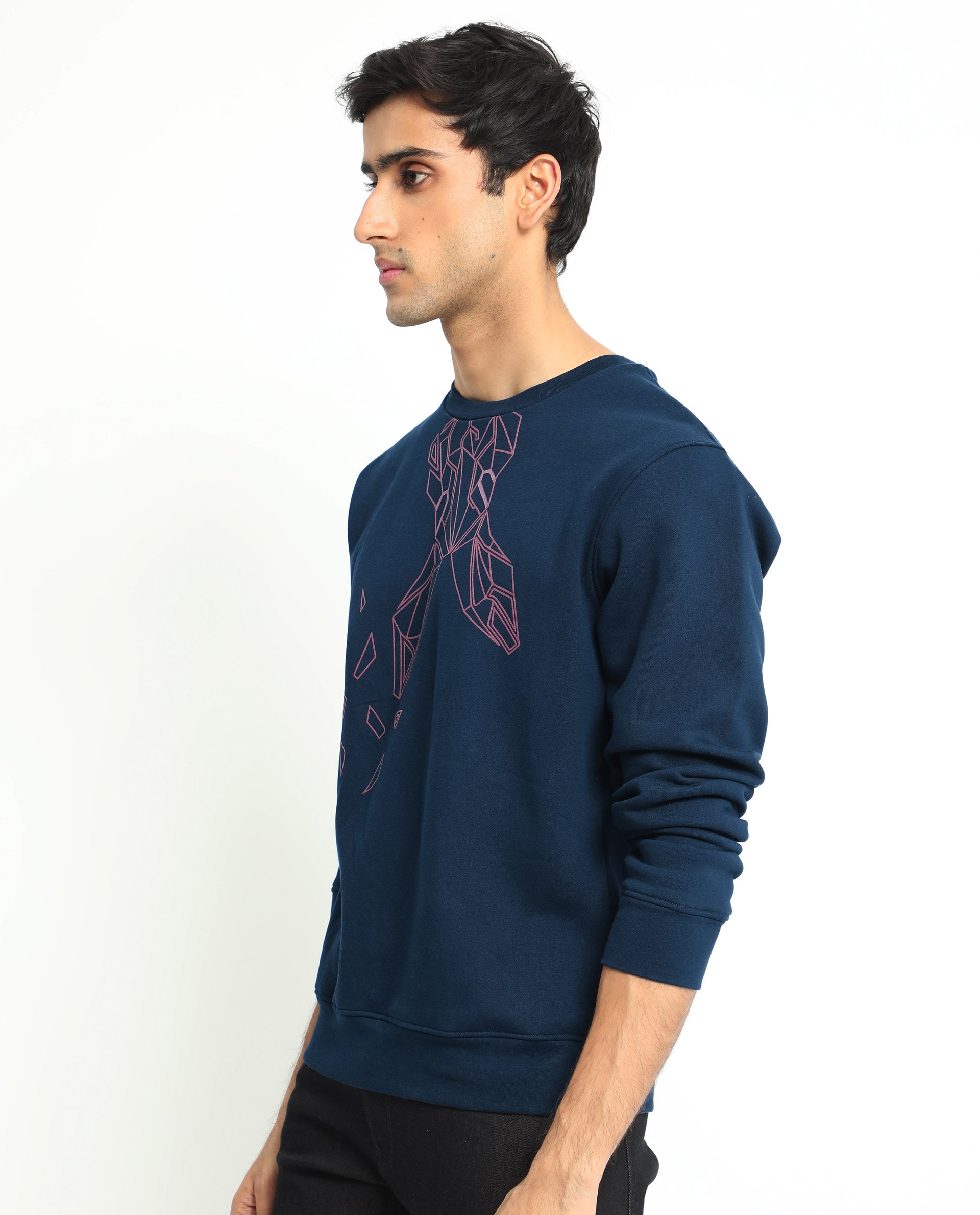 Rare Rabbit Men's Oakk Navy Full Sleeves Graphic Logo Print Sweatshirt