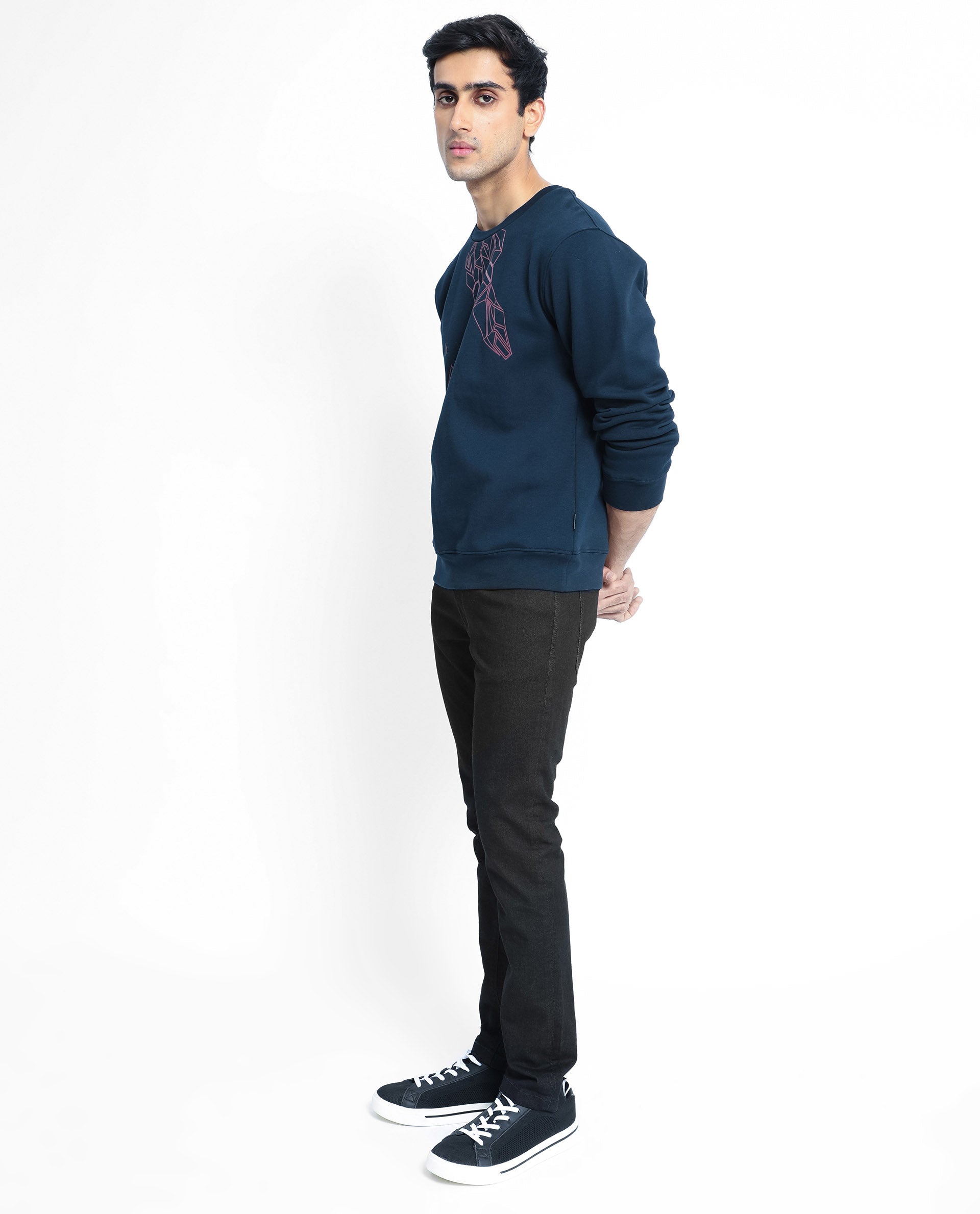 Rare Rabbit Men's Oakk Navy Full Sleeves Graphic Logo Print Sweatshirt