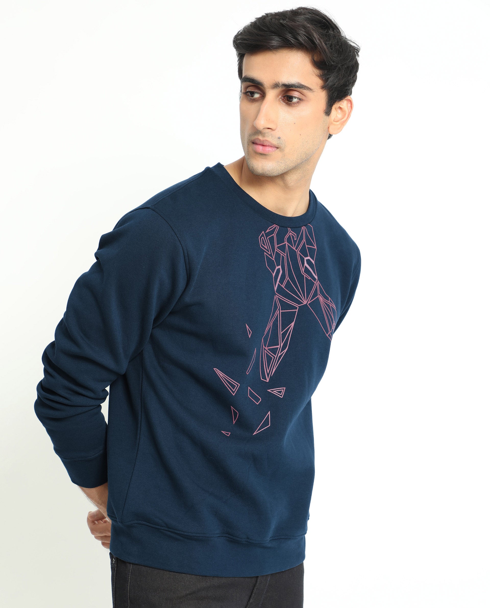 Rare Rabbit Men's Oakk Navy Full Sleeves Graphic Logo Print Sweatshirt