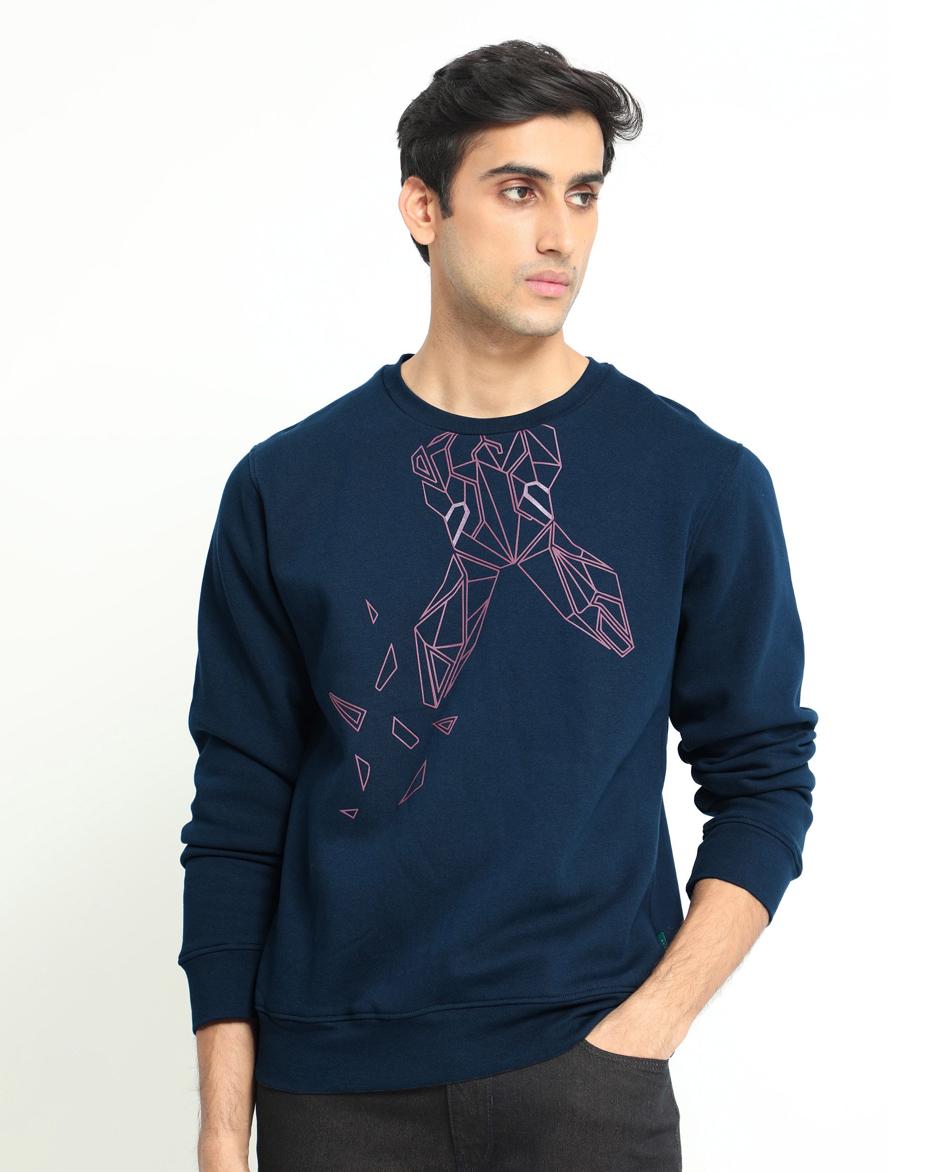 Rare Rabbit Men's Oakk Navy Full Sleeves Graphic Logo Print Sweatshirt
