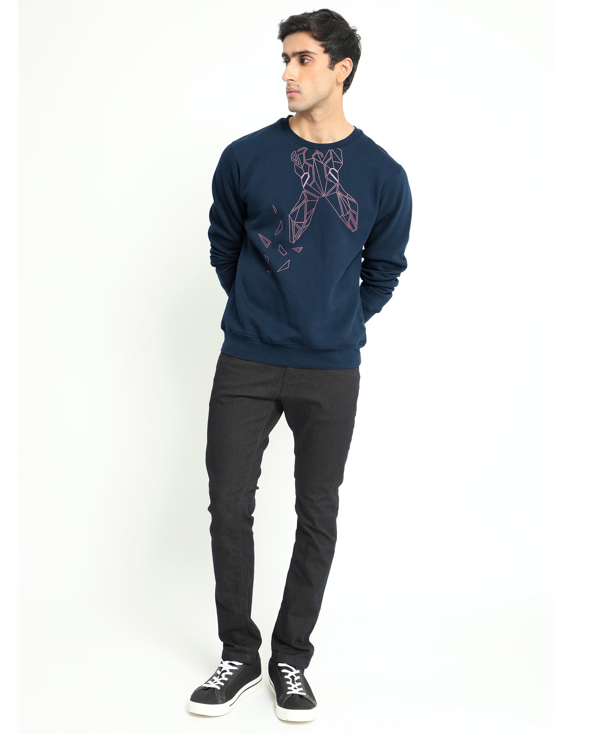 Rare Rabbit Men's Oakk Navy Full Sleeves Graphic Logo Print Sweatshirt