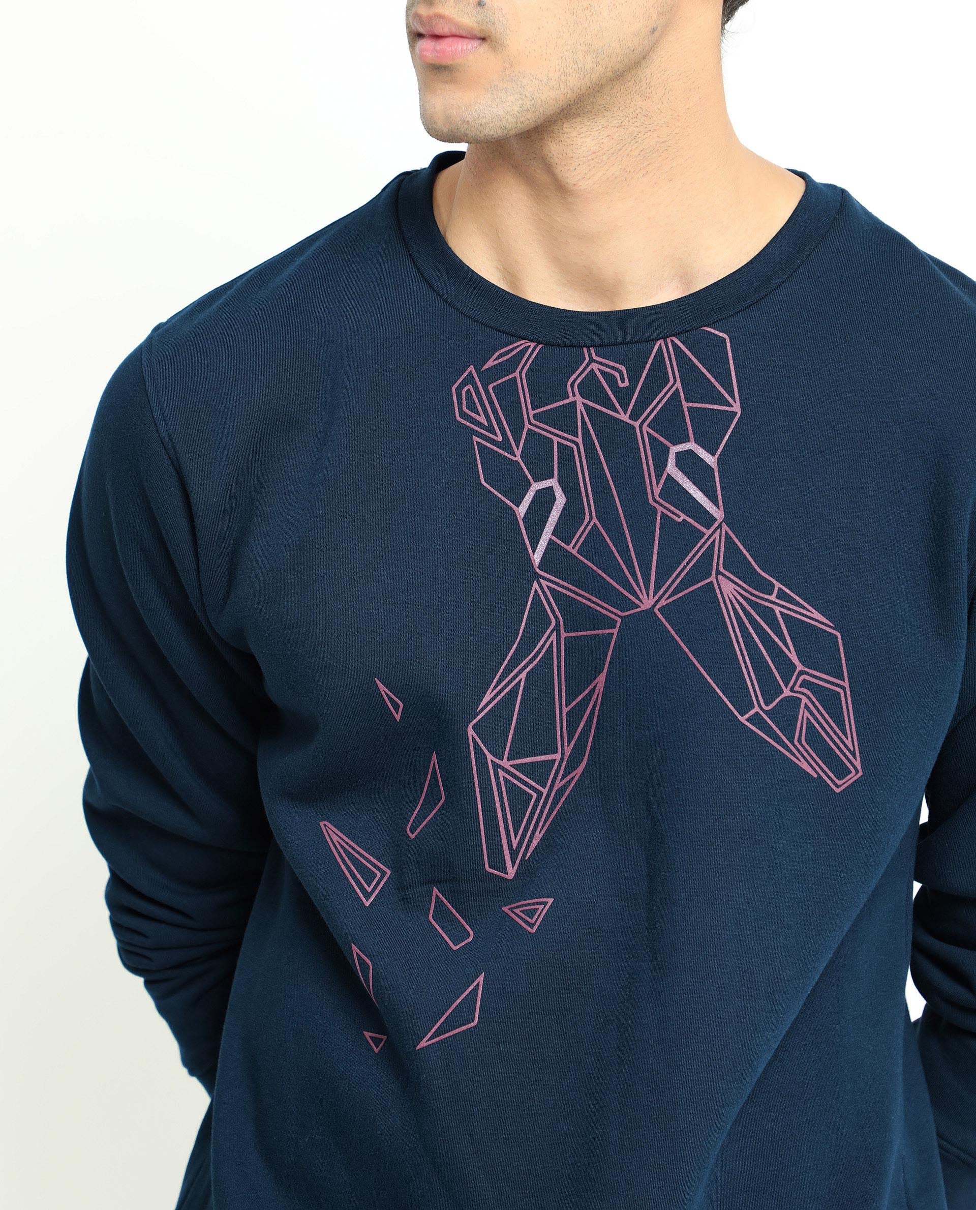 Rare Rabbit Men's Oakk Navy Full Sleeves Graphic Logo Print Sweatshirt