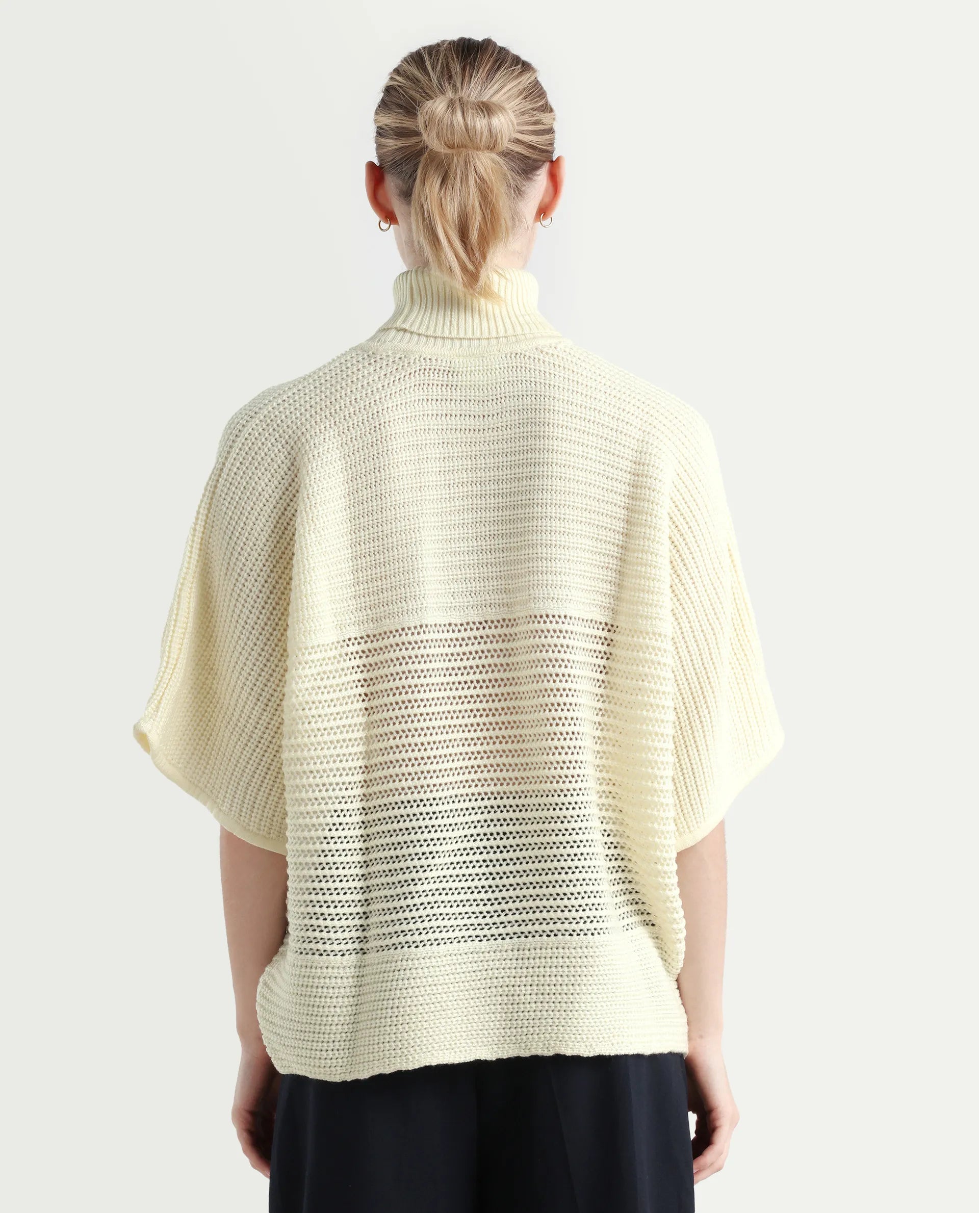Rareism Women's Oaklen Off White Acrylic High Neck Plain Kimono Sleeve Relaxed Fit Sweater