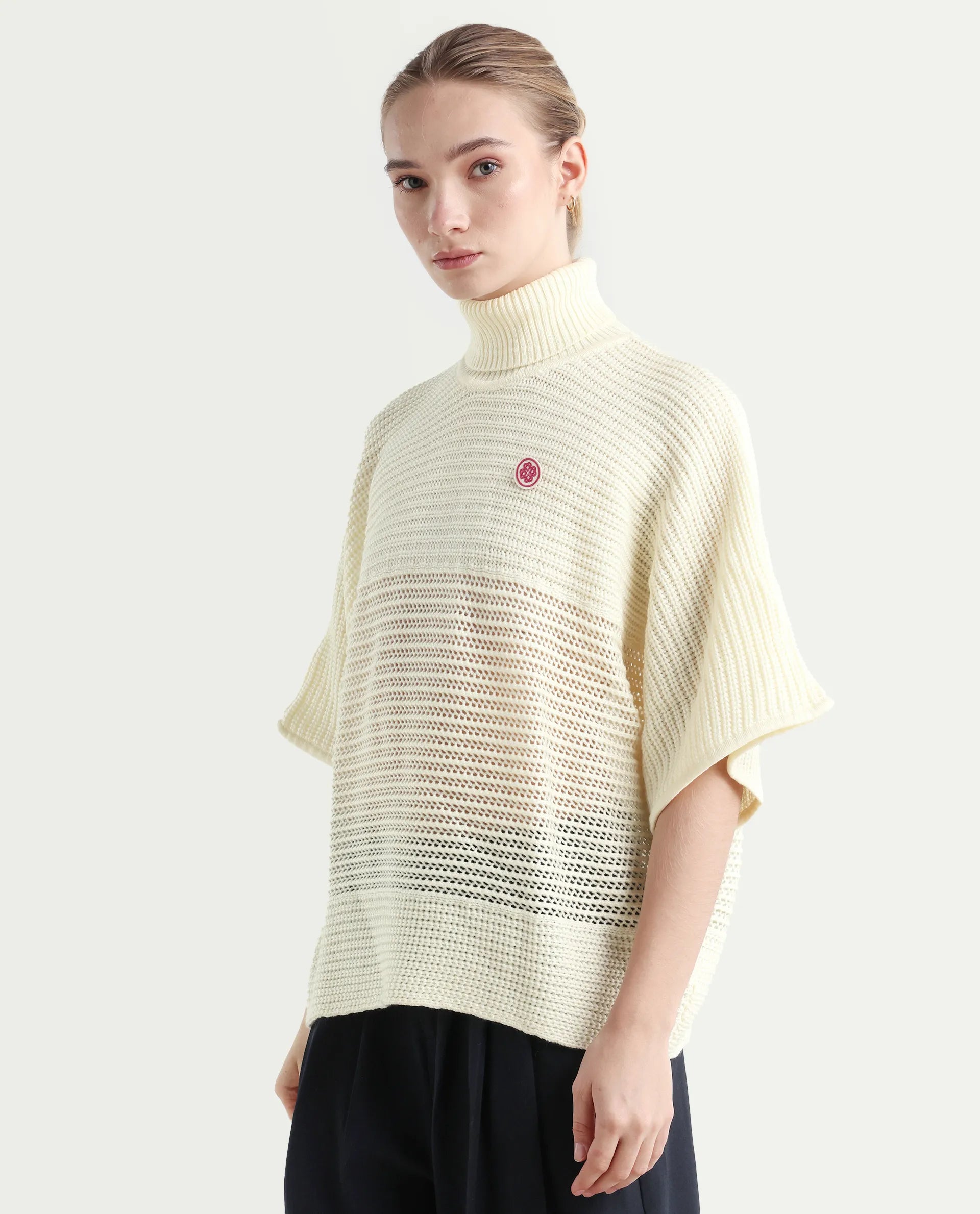 Rareism Women's Oaklen Off White Acrylic High Neck Plain Kimono Sleeve Relaxed Fit Sweater