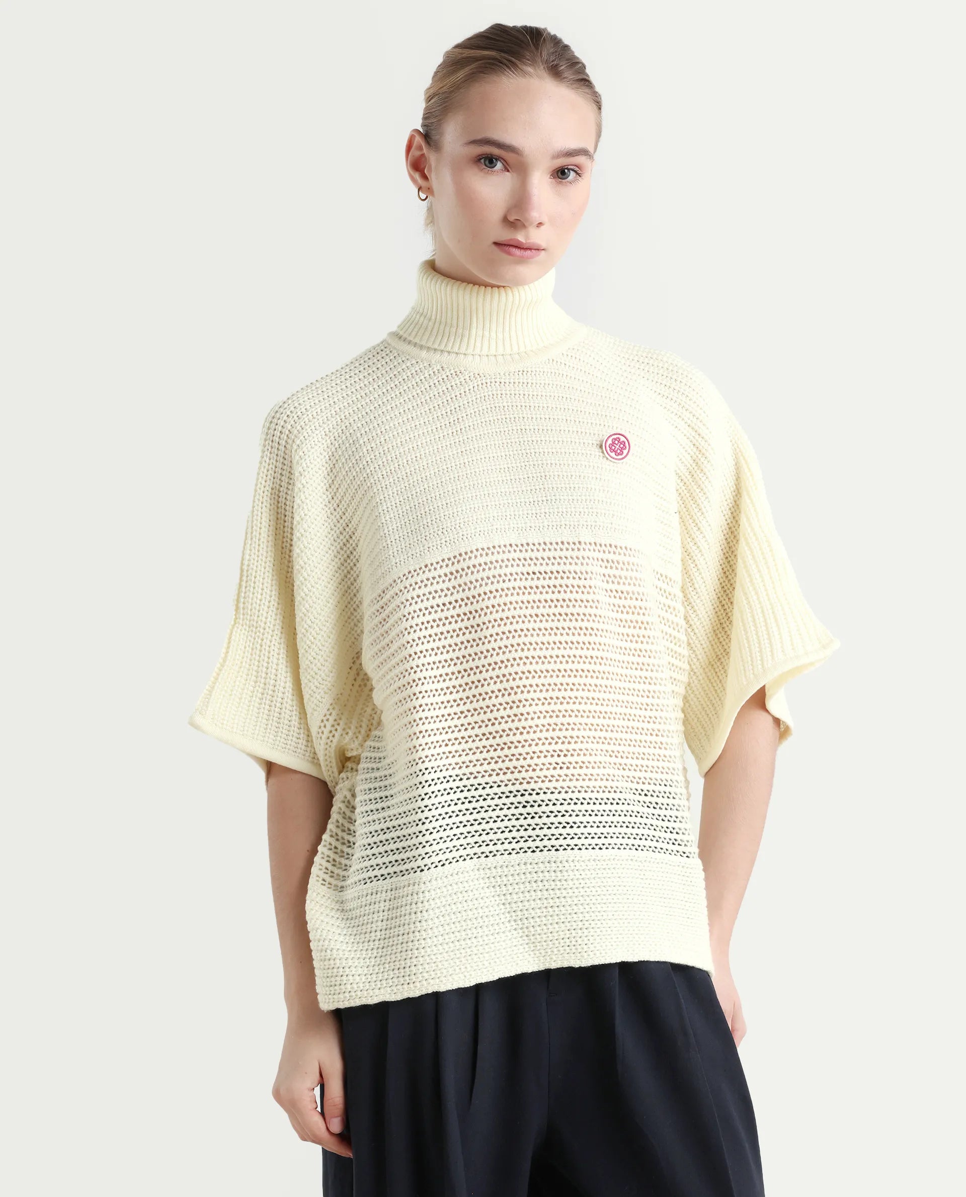 Rareism Women's Oaklen Off White Acrylic High Neck Plain Kimono Sleeve Relaxed Fit Sweater