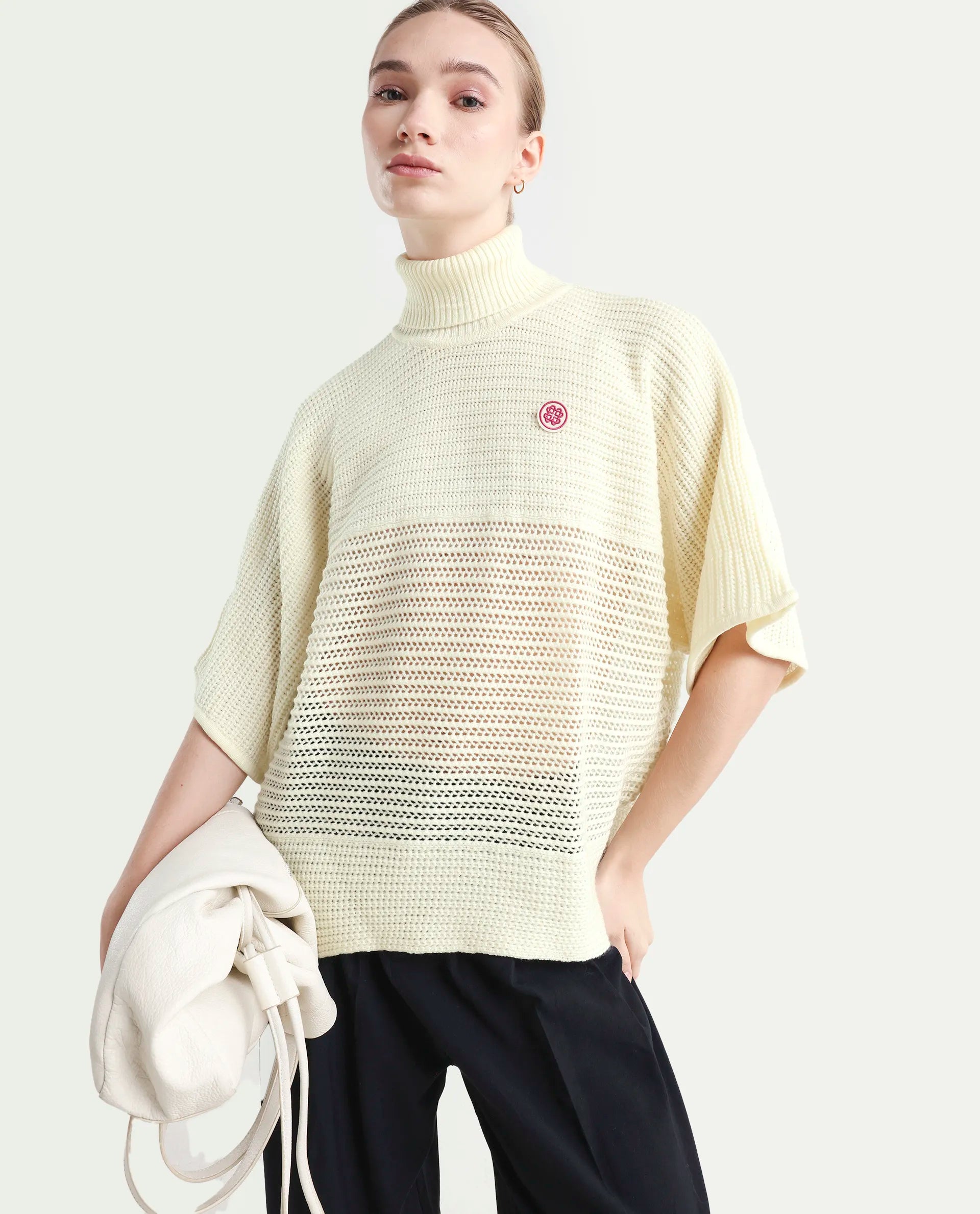 Rareism Women's Oaklen Off White Acrylic High Neck Plain Kimono Sleeve Relaxed Fit Sweater