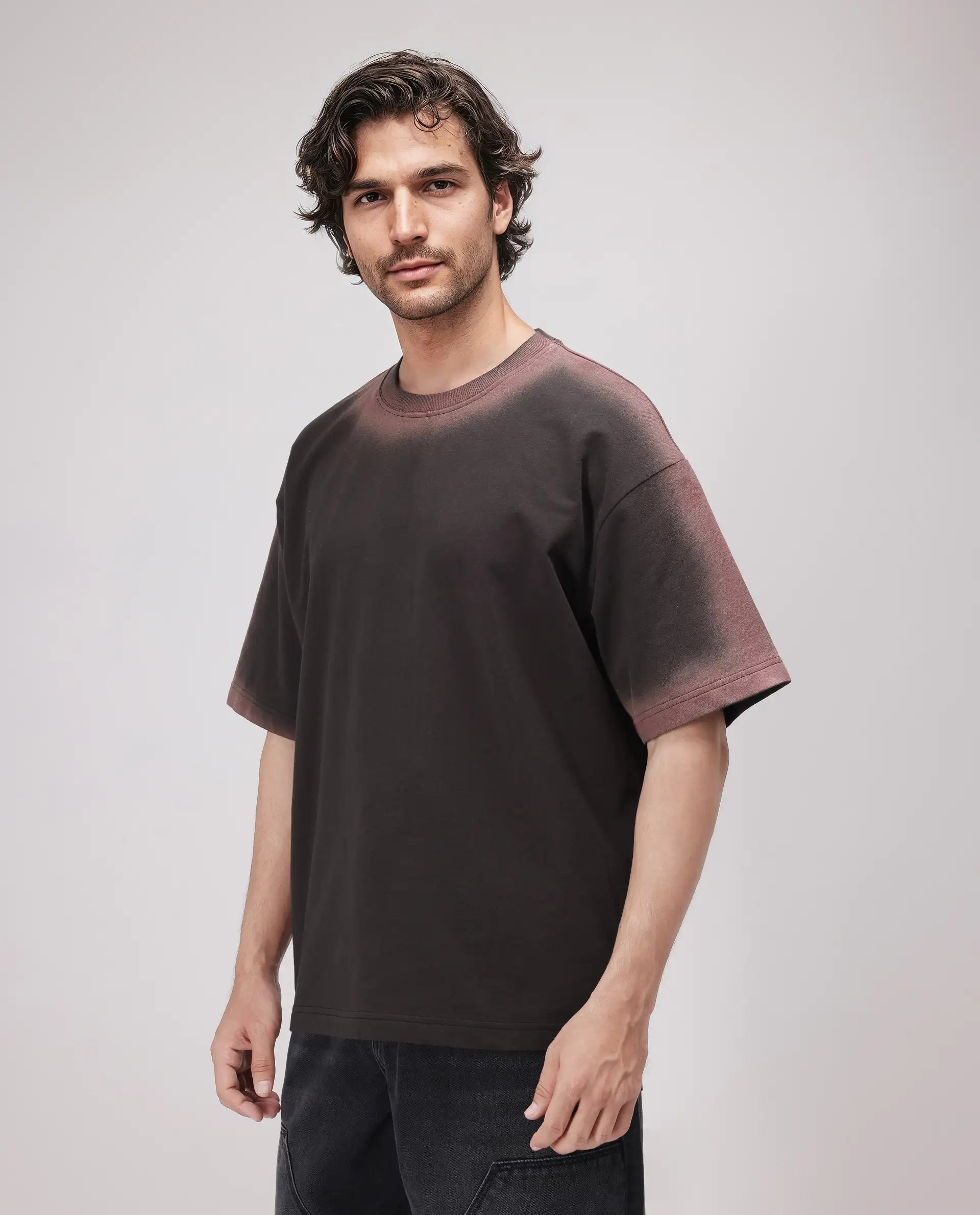 Rare Rabbit Men Oako Dark Brown Cotton Fabric Short Sleeve Crew Neck Oversized Fit Hd Print T-Shirt