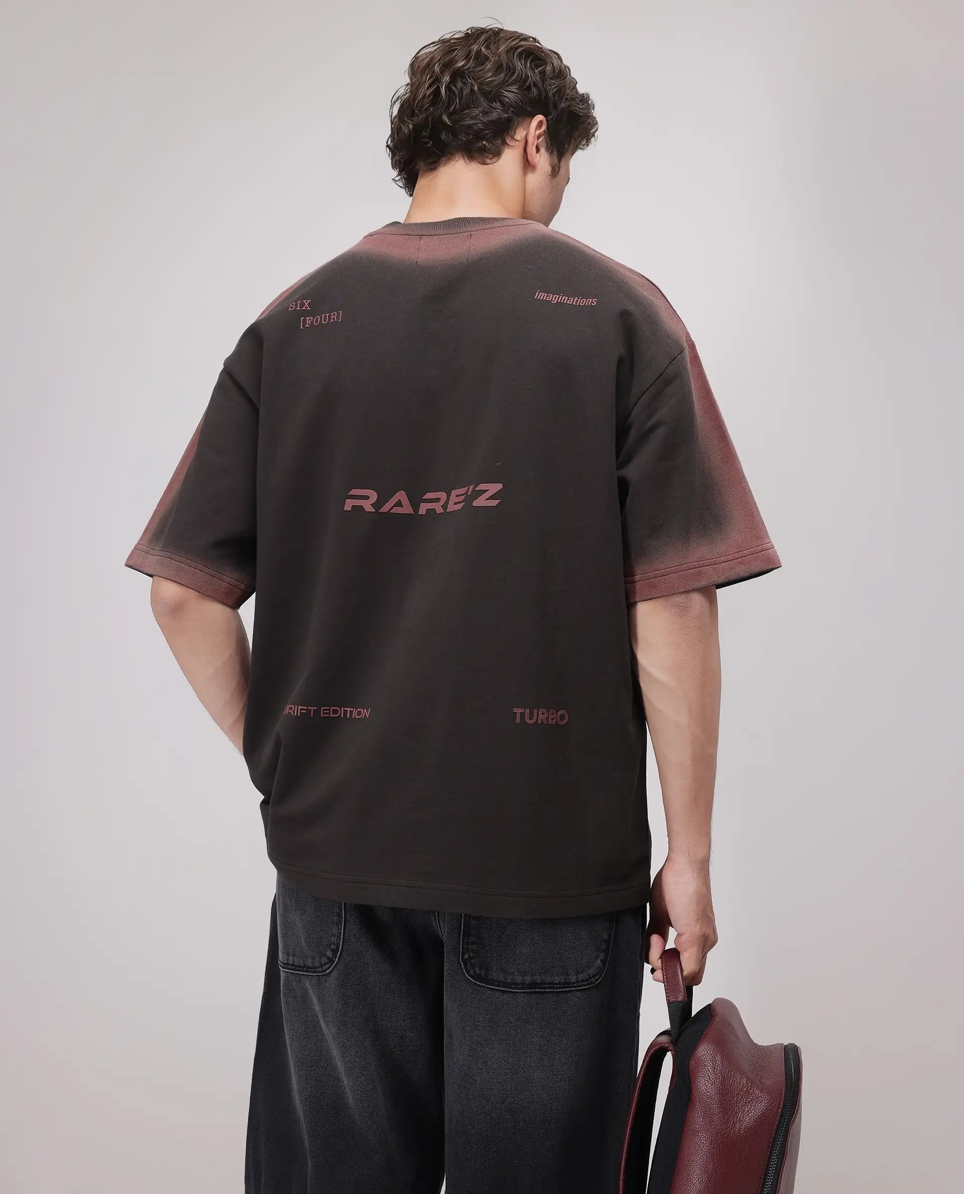 Rare Rabbit Men Oako Dark Brown Cotton Fabric Short Sleeve Crew Neck Oversized Fit Hd Print T-Shirt