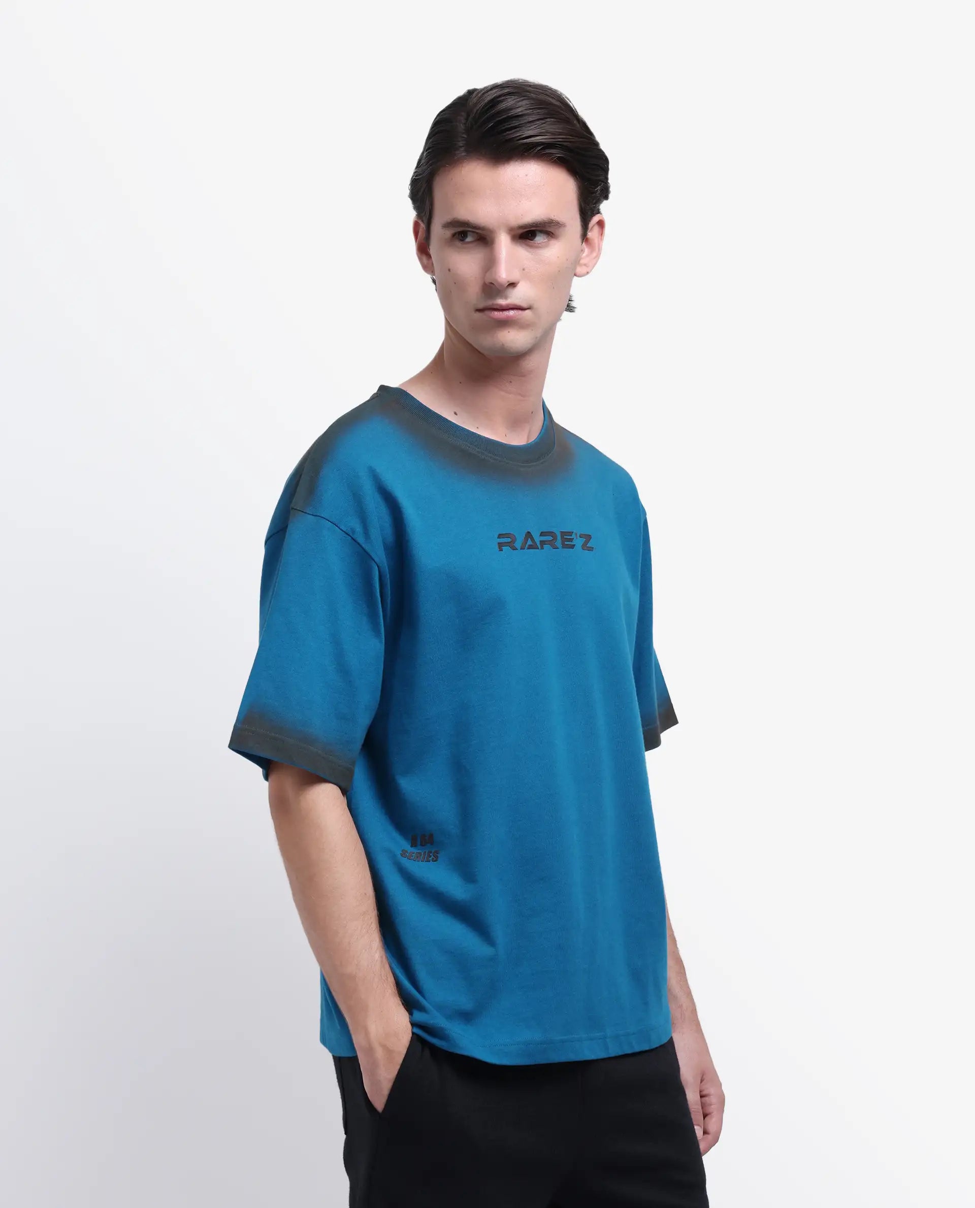 Rare Rabbit Men's Oakoe Petrol Cotton Graphic Print Oversized Fit Half Sleeve Crew Neck T-Shirt