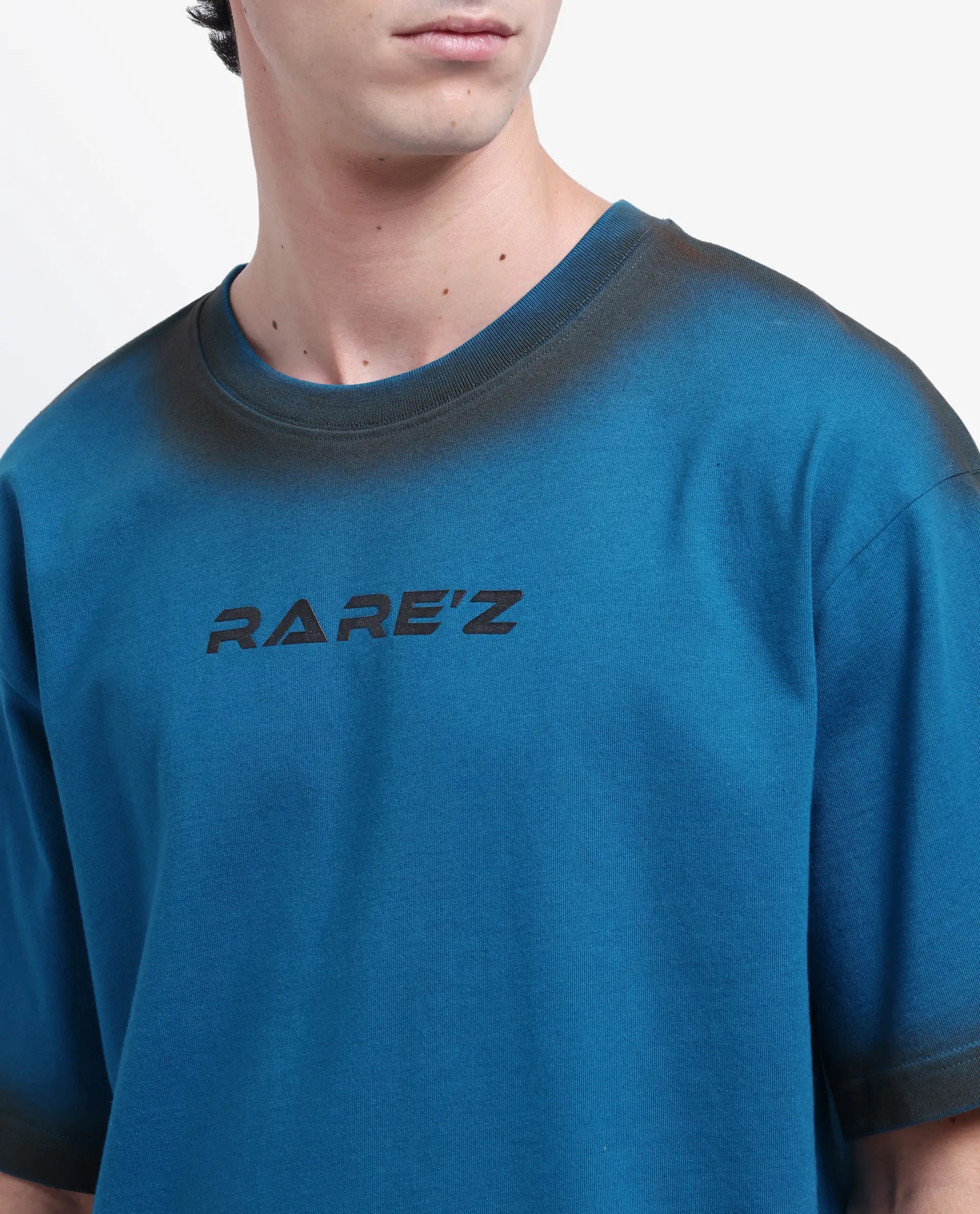 Rare Rabbit Men's Oakoe Petrol Cotton Graphic Print Oversized Fit Half Sleeve Crew Neck T-Shirt