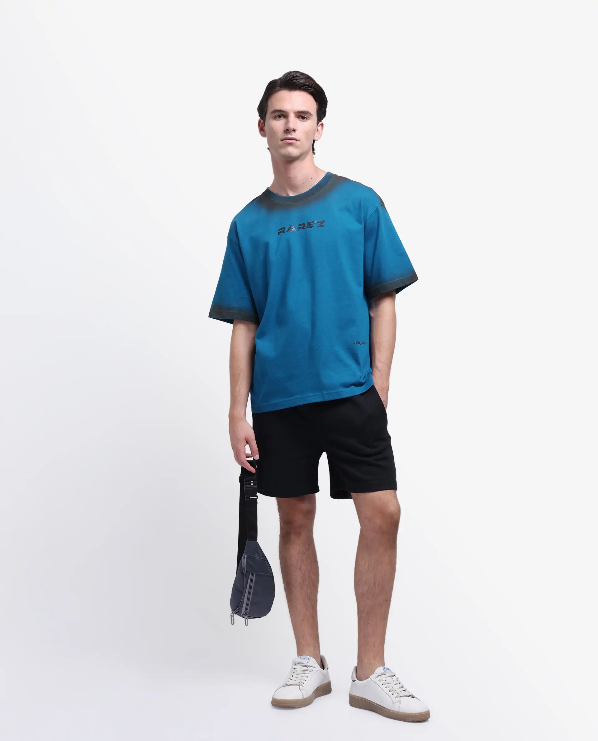 Rare Rabbit Men's Oakoe Petrol Cotton Graphic Print Oversized Fit Half Sleeve Crew Neck T-Shirt