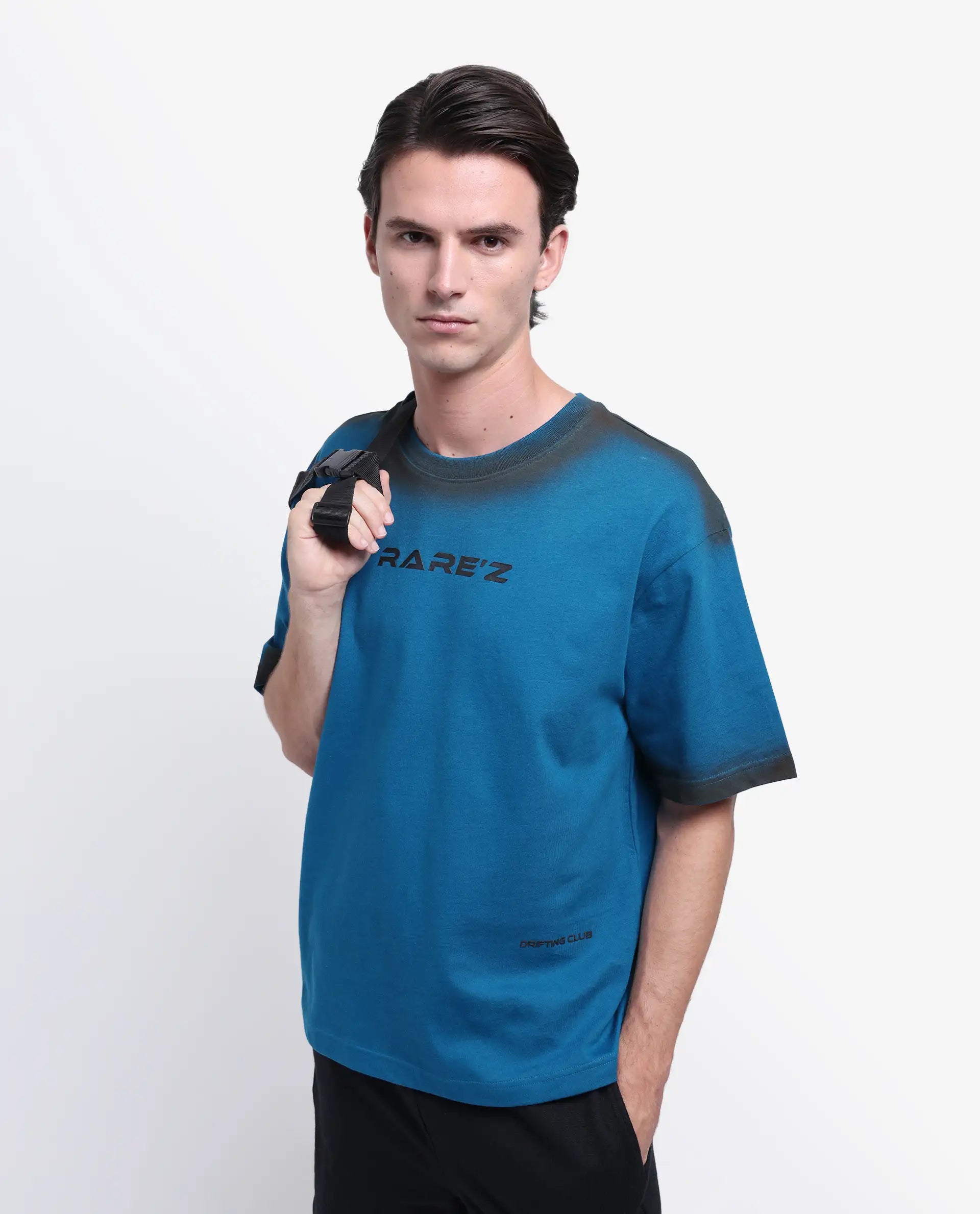 Rare Rabbit Men's Oakoe Petrol Cotton Graphic Print Oversized Fit Half Sleeve Crew Neck T-Shirt