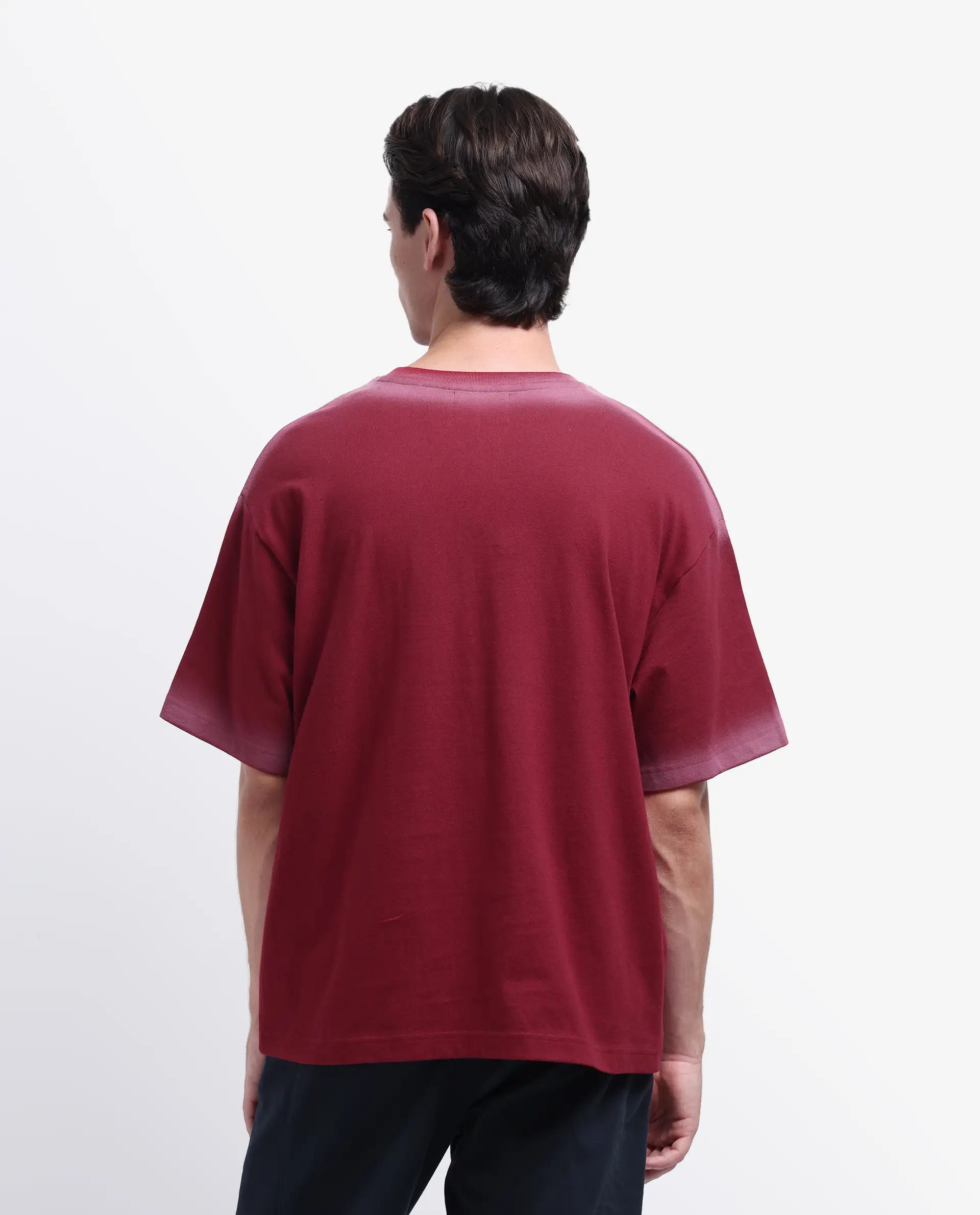 Rare Rabbit Men's Oakoe Dark Red Cotton Graphic Print Oversized Fit Half Sleeve Crew Neck T-Shirt