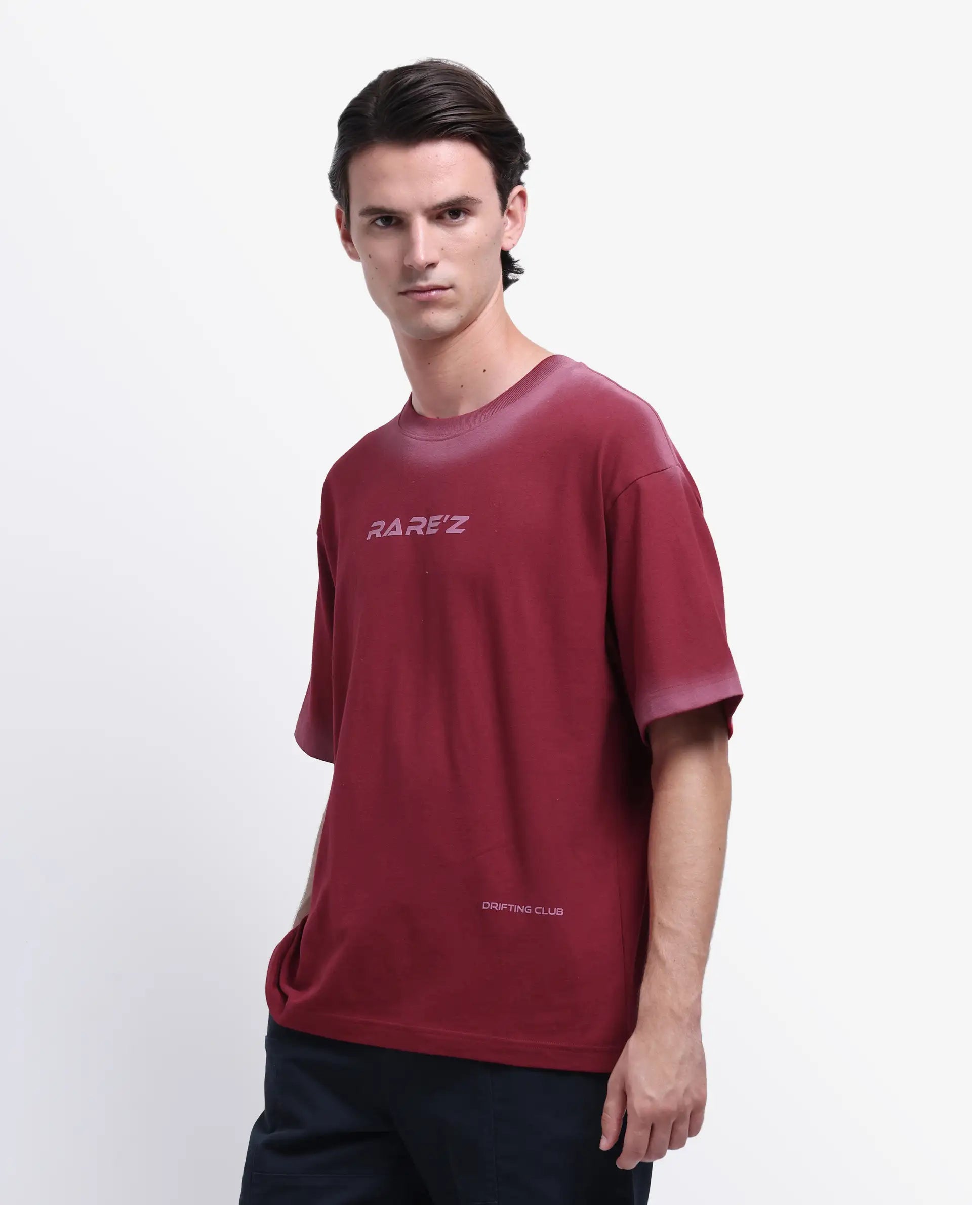 Rare Rabbit Men's Oakoe Dark Red Cotton Graphic Print Oversized Fit Half Sleeve Crew Neck T-Shirt