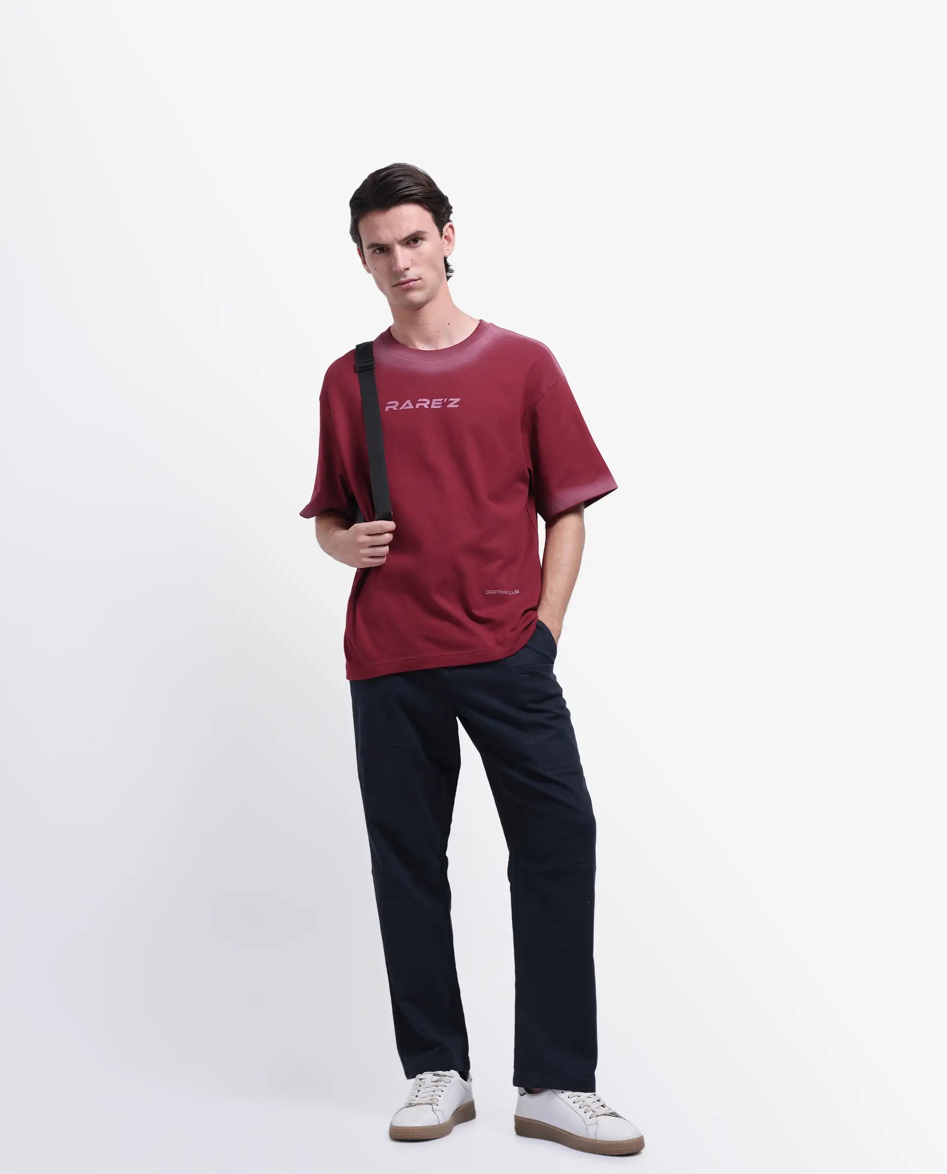 Rare Rabbit Men's Oakoe Dark Red Cotton Graphic Print Oversized Fit Half Sleeve Crew Neck T-Shirt