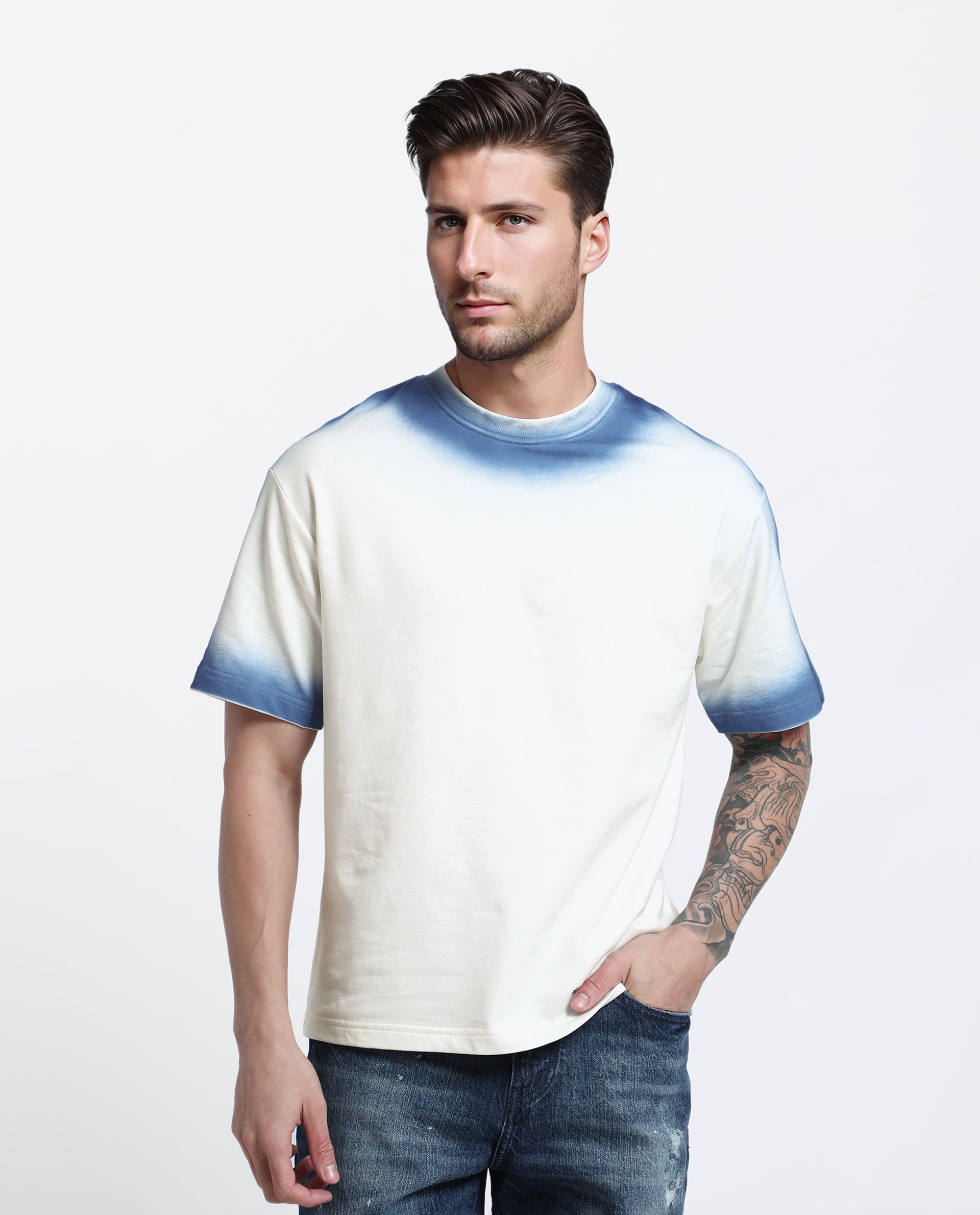 Rare Rabbit Men's Oako Off White Cotton Hd Print Oversized Fit Half Sleeve Crew Neck T-Shirt