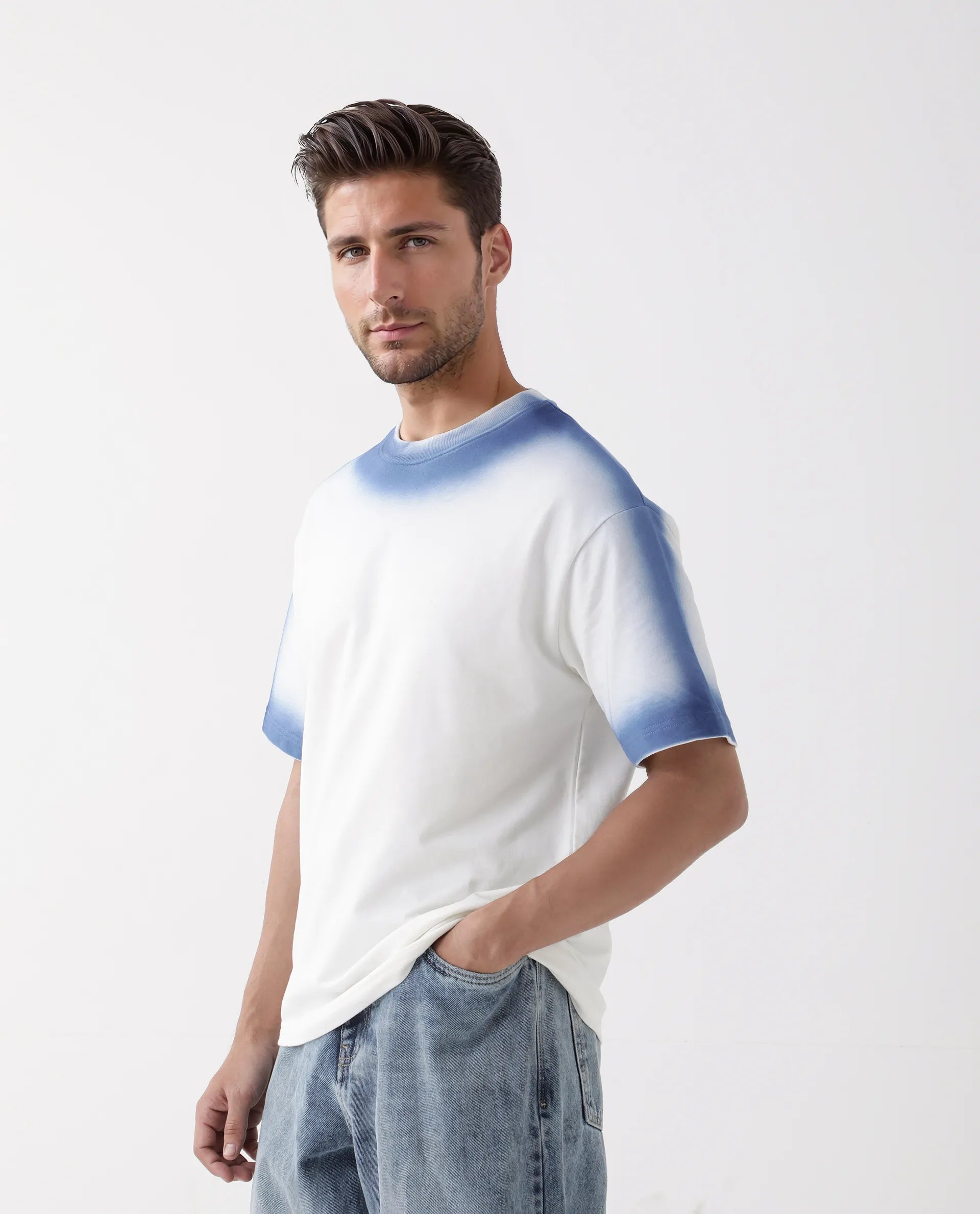 Rare Rabbit Men's Oako Off White Cotton Hd Print Oversized Fit Half Sleeve Crew Neck T-Shirt