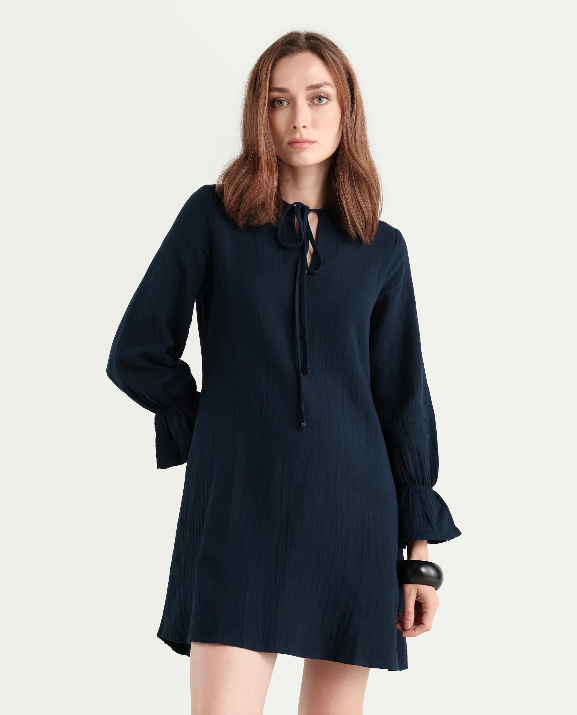 Rareism Women's Oberon Navy Cotton Tie-Up Neck Plain Bishop Sleeve Mini A-Line Dress
