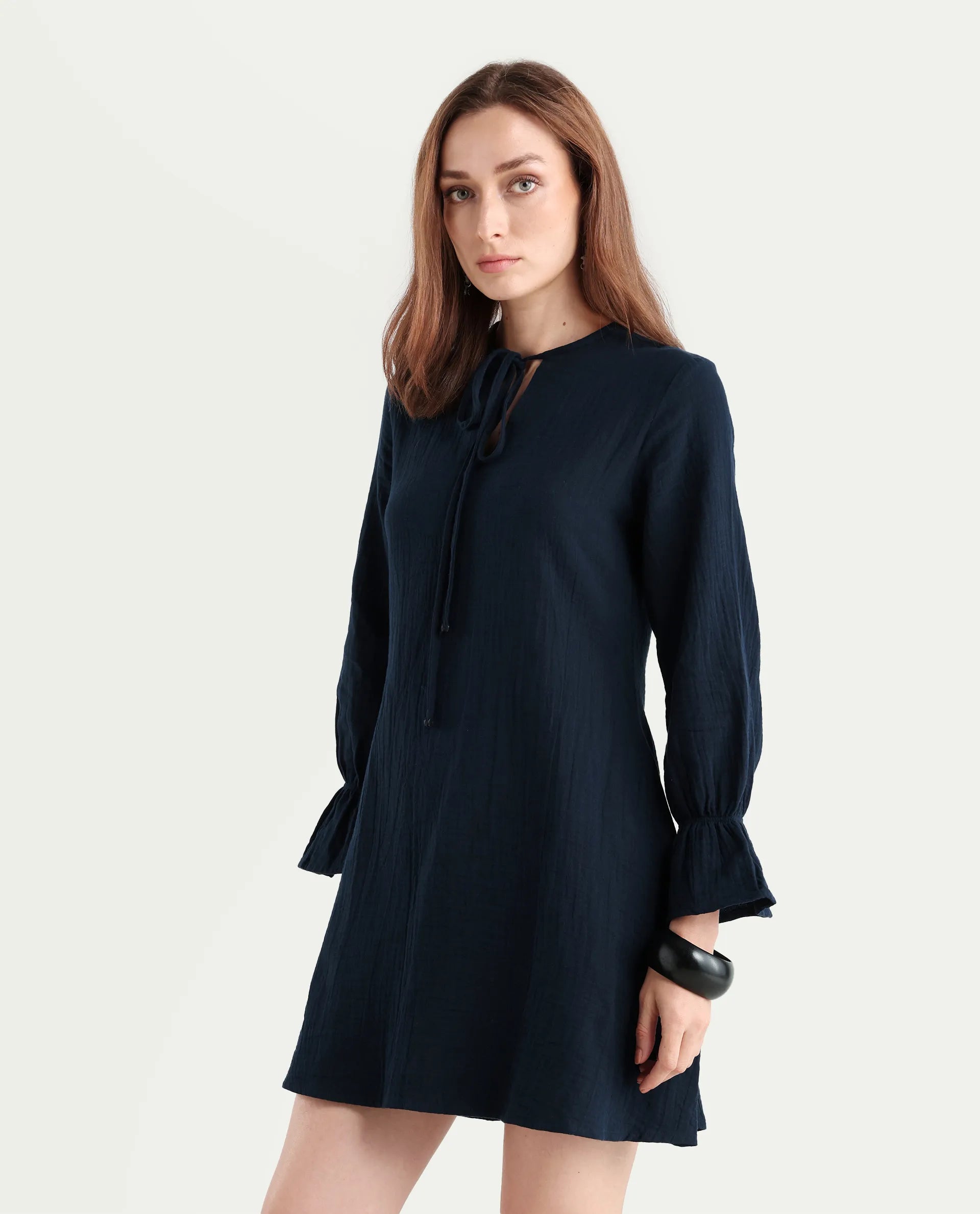 Rareism Women's Oberon Navy Cotton Tie-Up Neck Plain Bishop Sleeve Mini A-Line Dress