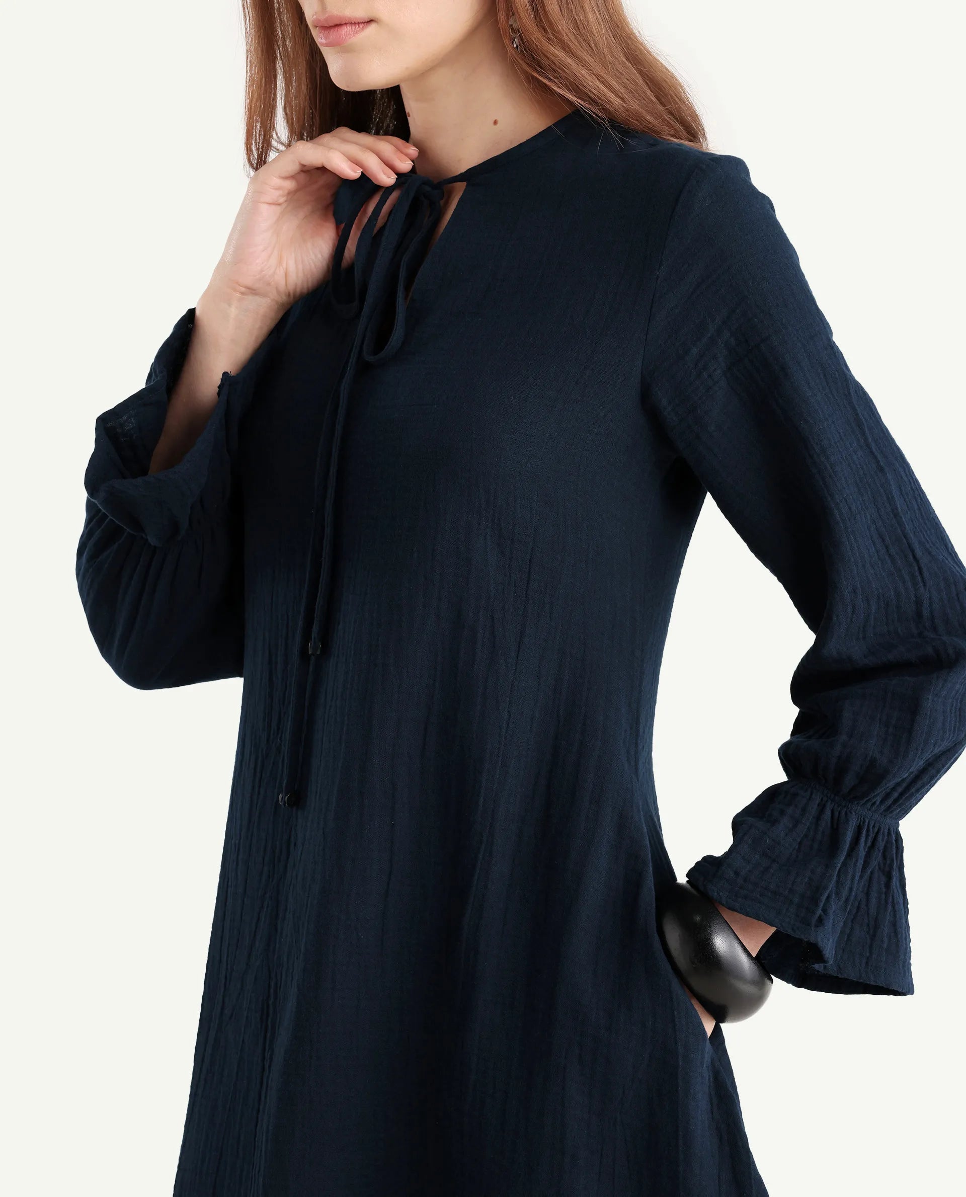 Rareism Women's Oberon Navy Cotton Tie-Up Neck Plain Bishop Sleeve Mini A-Line Dress