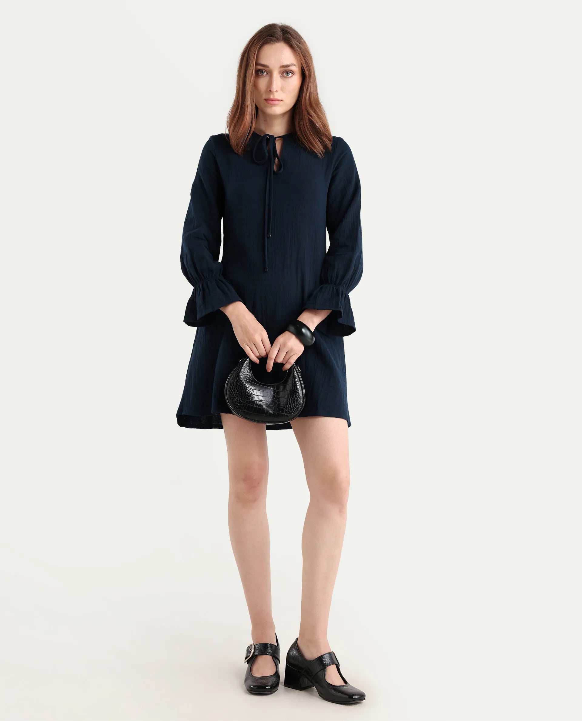 Rareism Women's Oberon Navy Cotton Tie-Up Neck Plain Bishop Sleeve Mini A-Line Dress