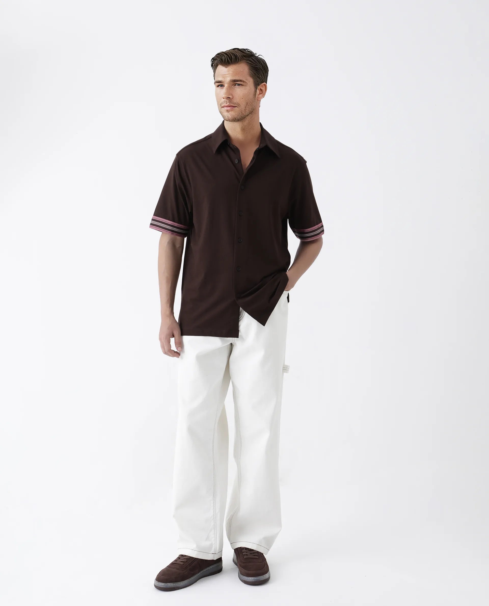 Rare Rabbit Men's Oble Dark Brown Cotton Blend Striped Print Relaxed Fit Half Sleeve Collared Shirt