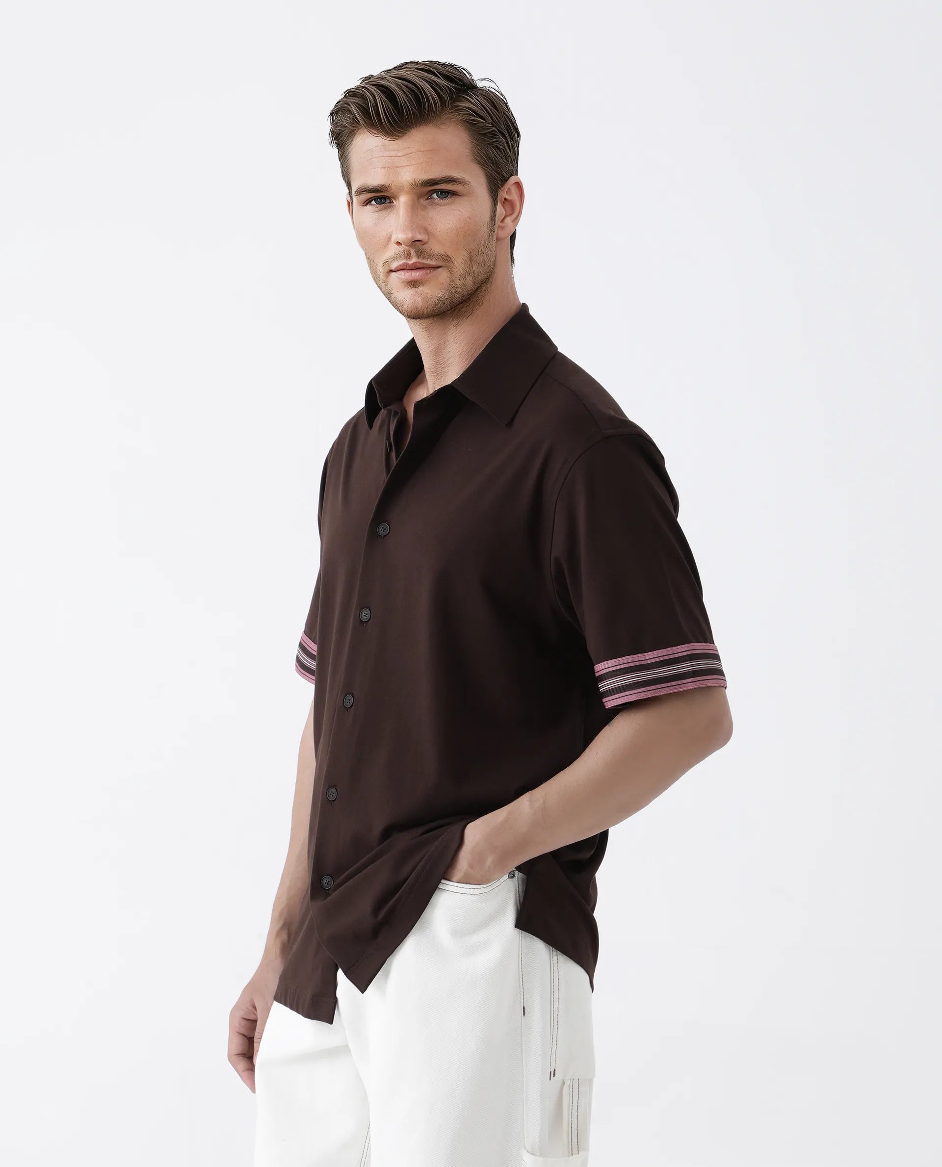 Rare Rabbit Men's Oble Dark Brown Cotton Blend Striped Print Relaxed Fit Half Sleeve Collared Shirt