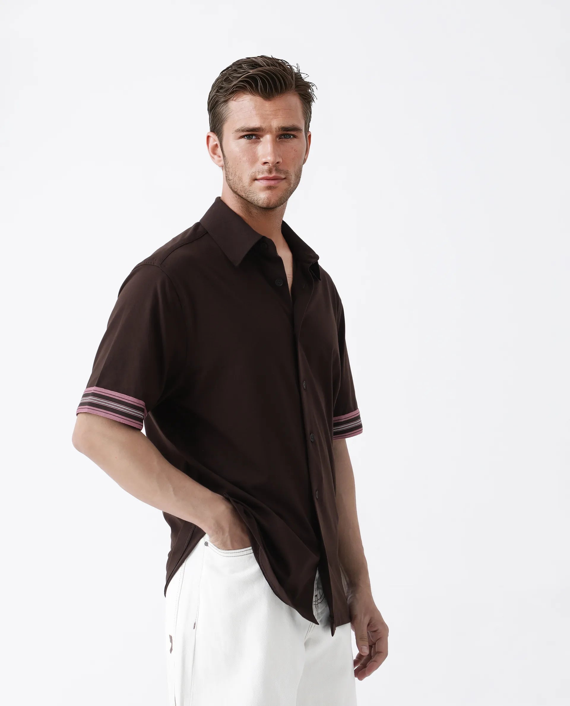 Rare Rabbit Men's Oble Dark Brown Cotton Blend Striped Print Relaxed Fit Half Sleeve Collared Shirt