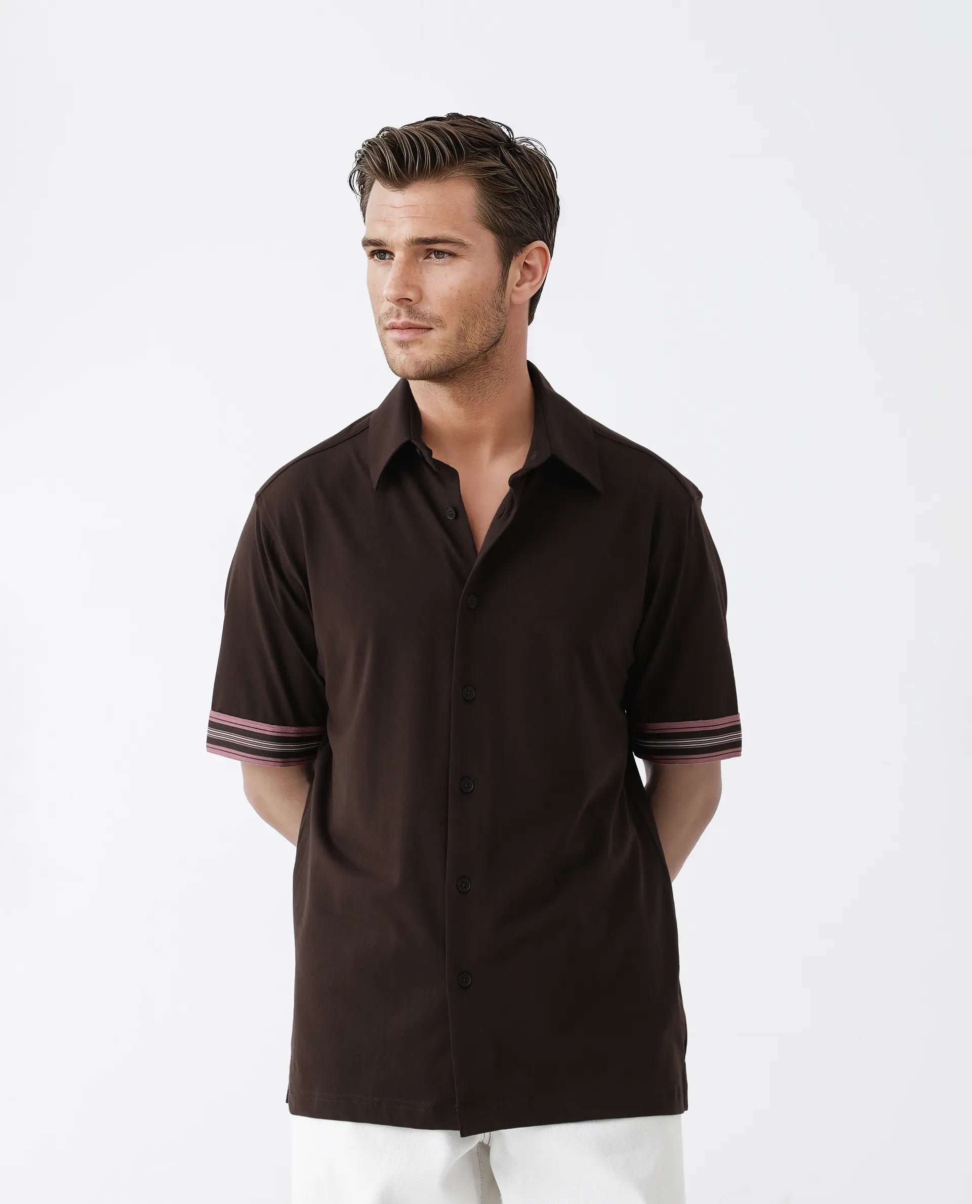 Rare Rabbit Men's Oble Dark Brown Cotton Blend Striped Print Relaxed Fit Half Sleeve Collared Shirt