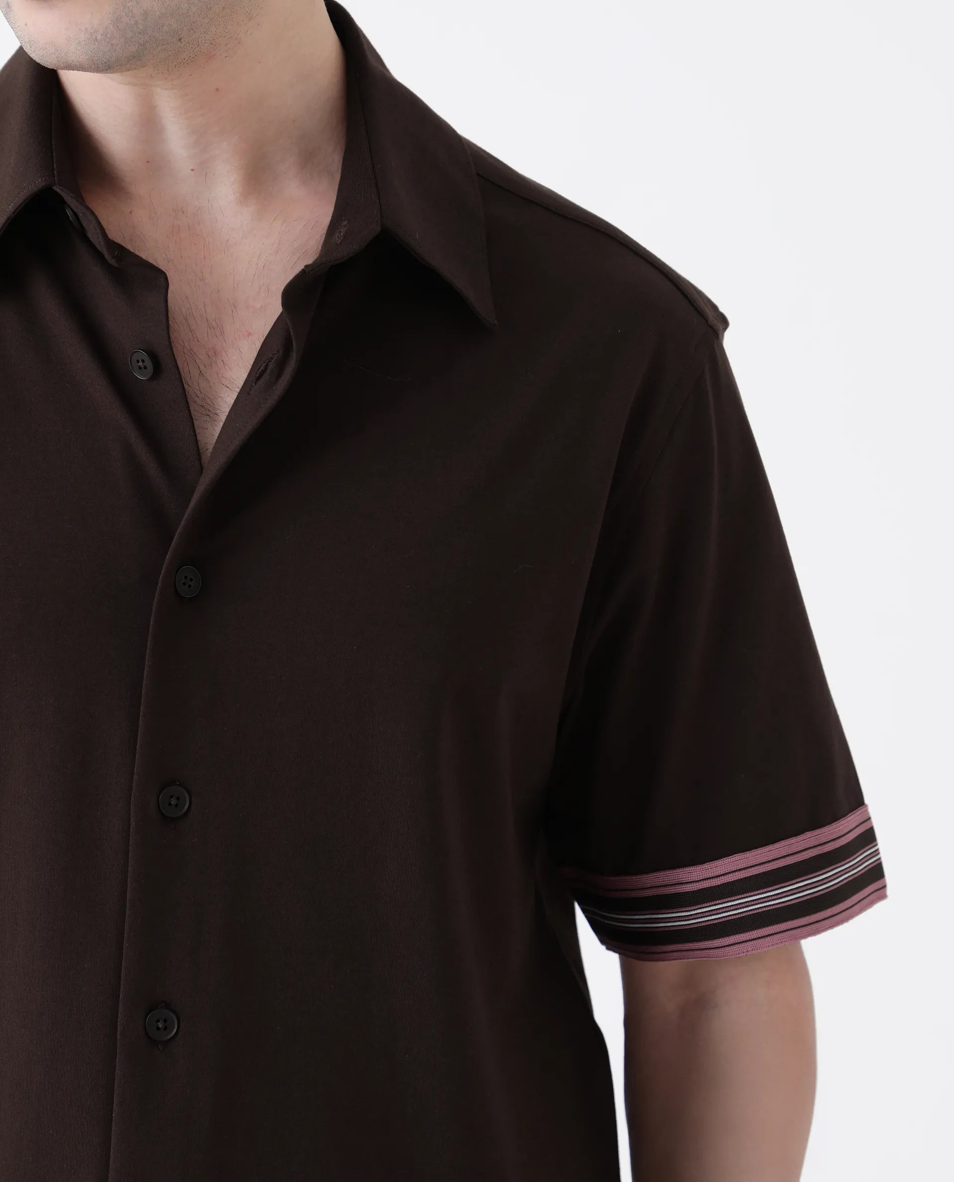 Rare Rabbit Men's Oble Dark Brown Cotton Blend Striped Print Relaxed Fit Half Sleeve Collared Shirt