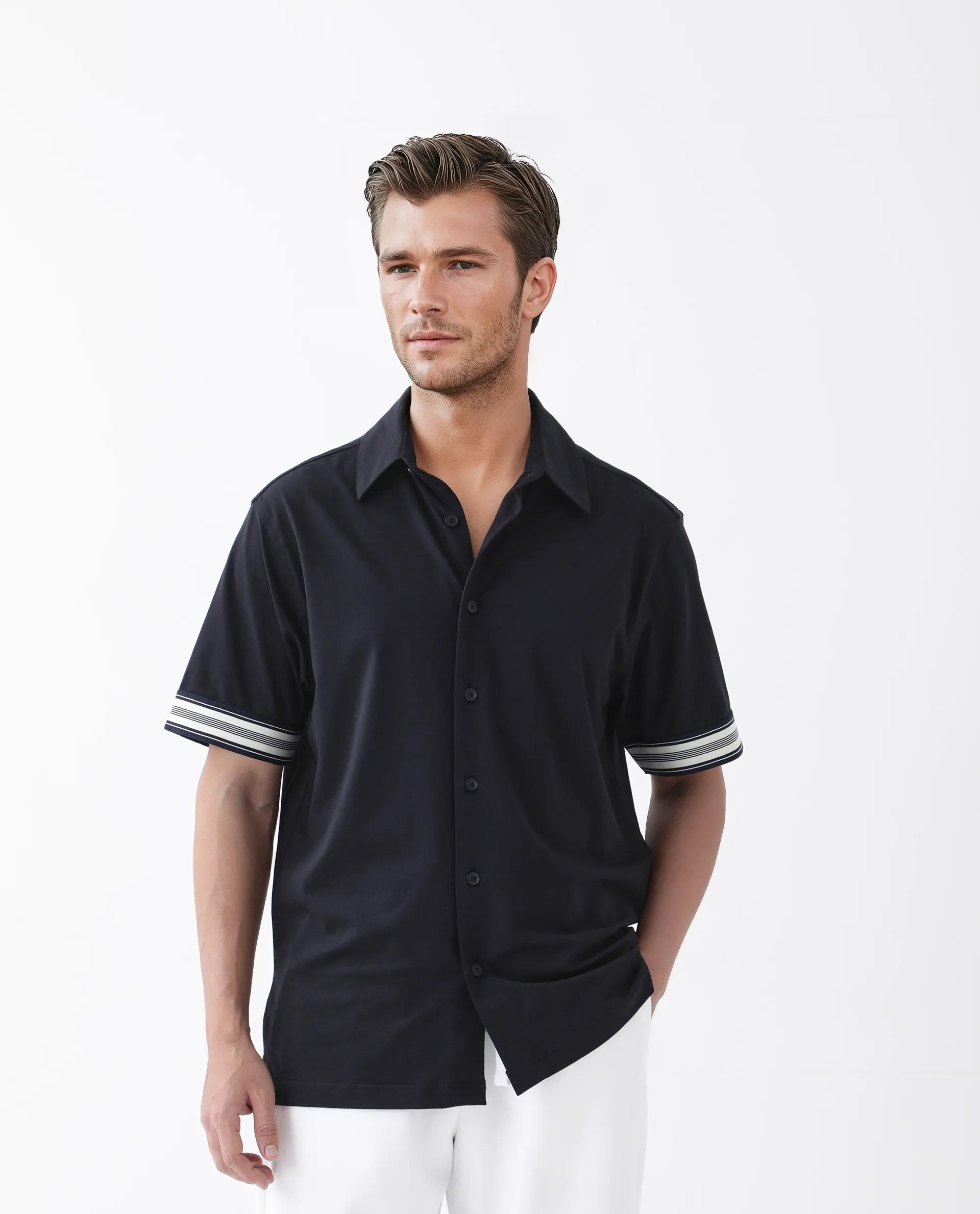 Rare Rabbit Men's Oble Dark Navy Cotton Blend Striped Print Relaxed Fit Half Sleeve Collared Shirt