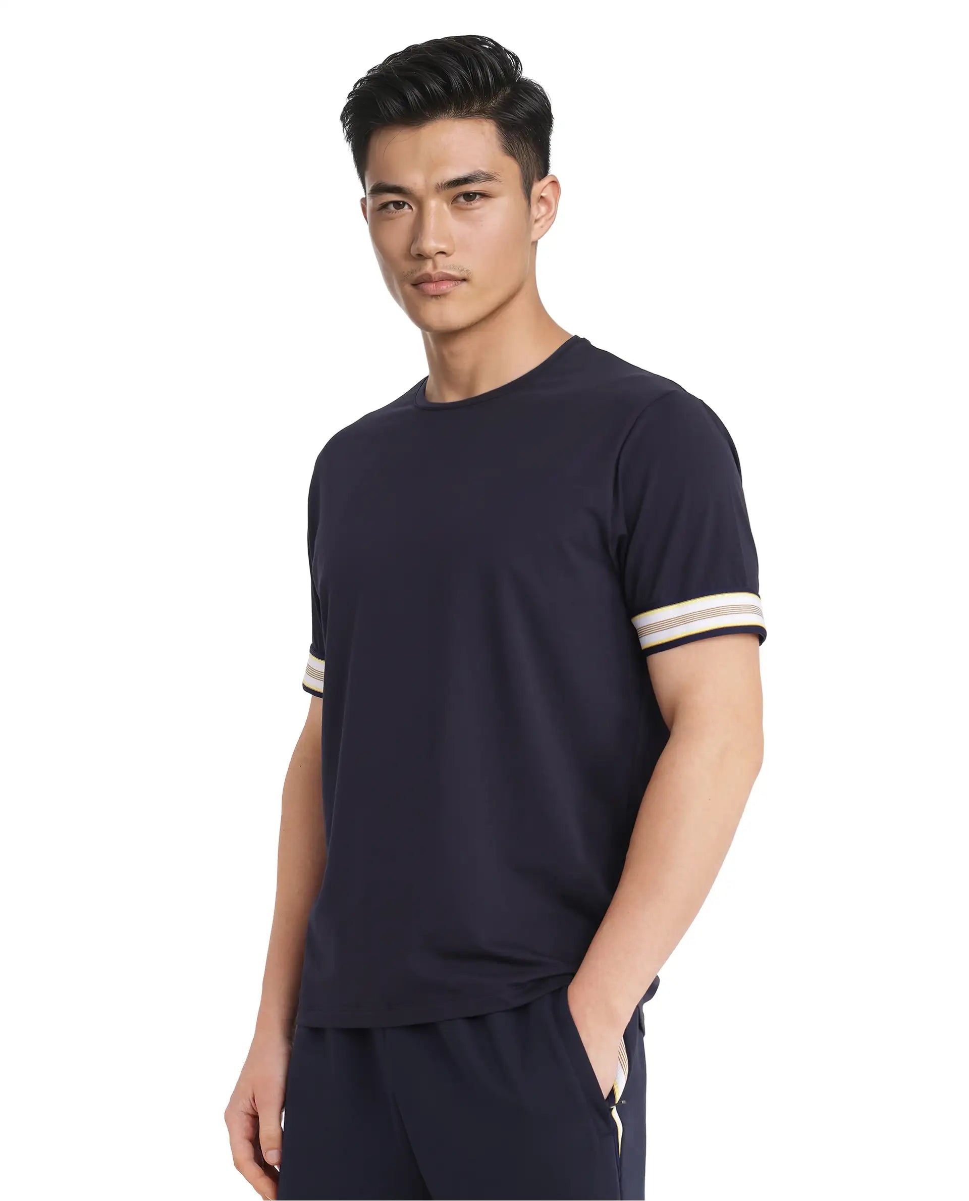 Rare Rabbit Men Oblee Navy Cotton Blend Fabric Short Sleeve Crew Neck Relaxed Fit Tape Detailed Sleeve T-Shirt