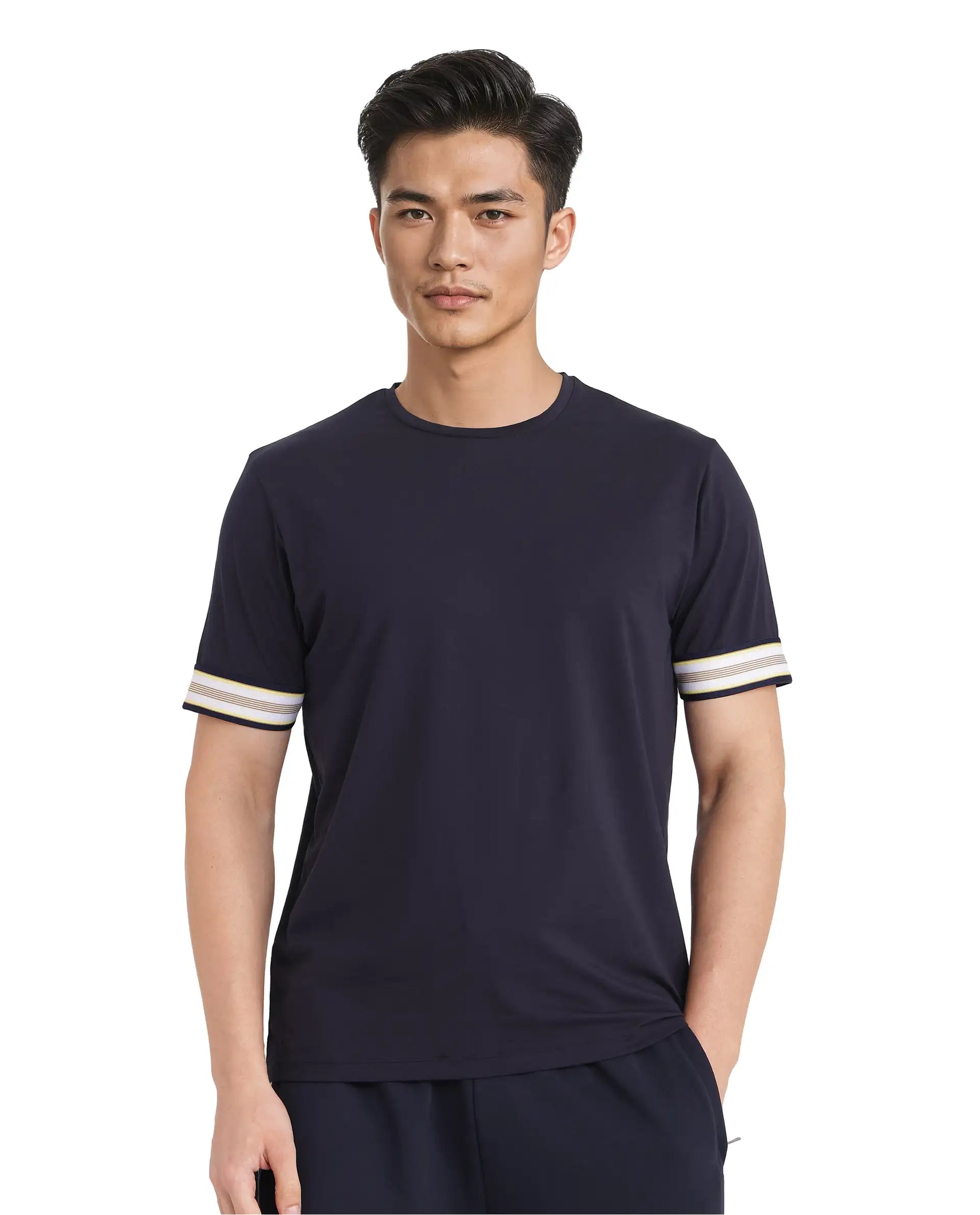 Rare Rabbit Men Oblee Navy Cotton Blend Fabric Short Sleeve Crew Neck Relaxed Fit Tape Detailed Sleeve T-Shirt