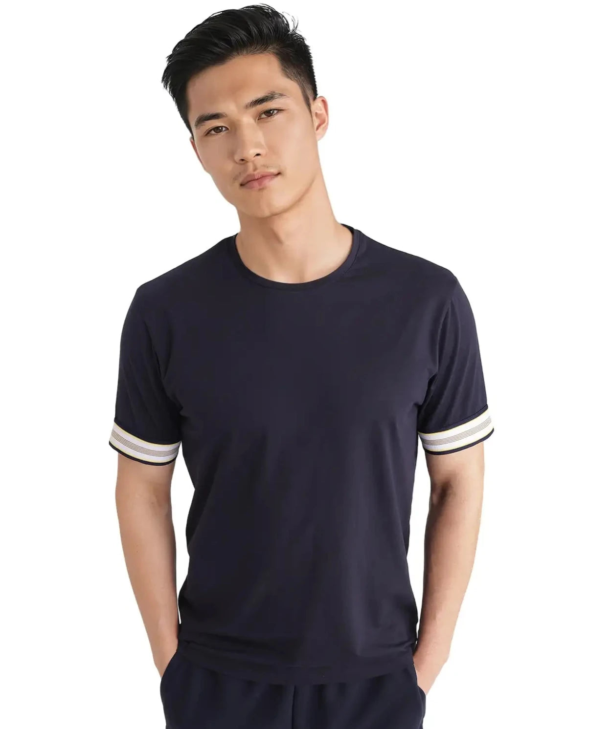 Rare Rabbit Men Oblee Navy Cotton Blend Fabric Short Sleeve Crew Neck Relaxed Fit Tape Detailed Sleeve T-Shirt