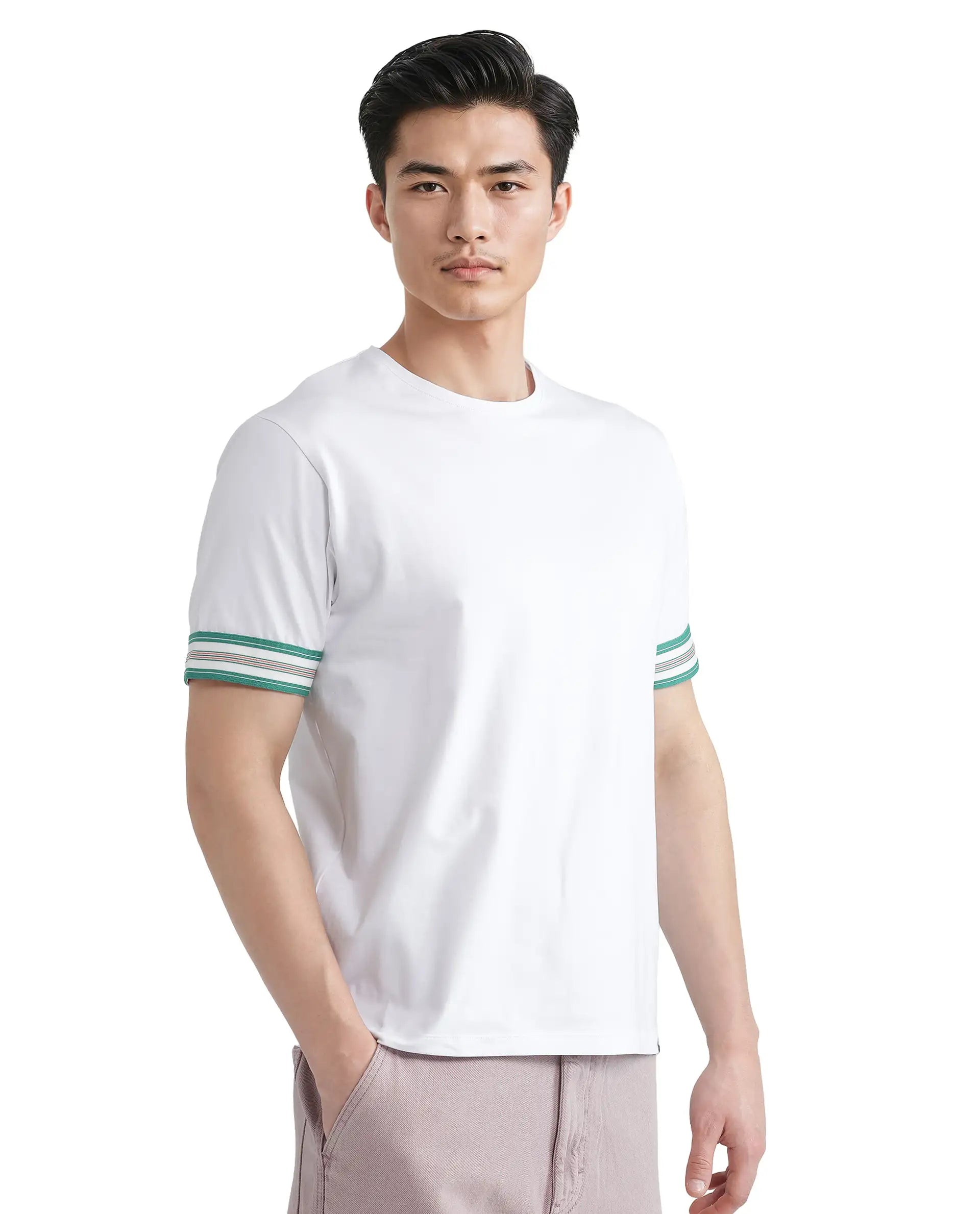 Rare Rabbit Men Oblee White Cotton Blend Fabric Short Sleeve Crew Neck Relaxed Fit Tape Detailed Sleeve T-Shirt