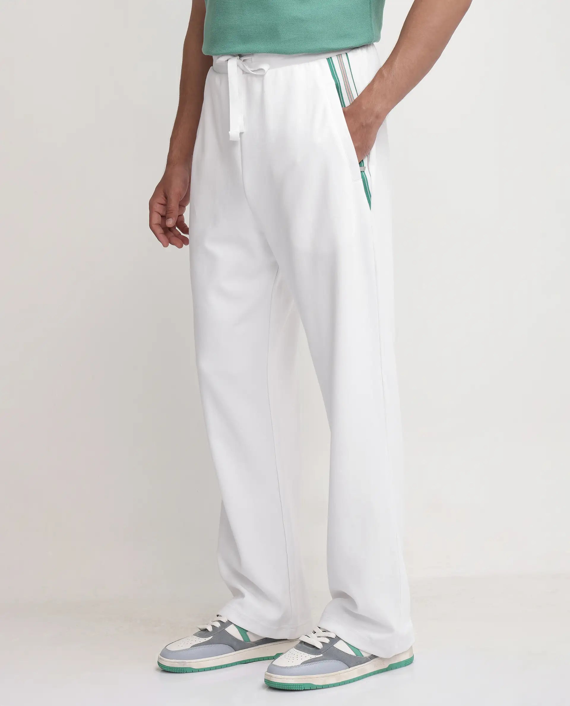 Rare Rabbit Men's Oblic White Cotton Blend Fabric Relaxed Fit Plain Track Pant