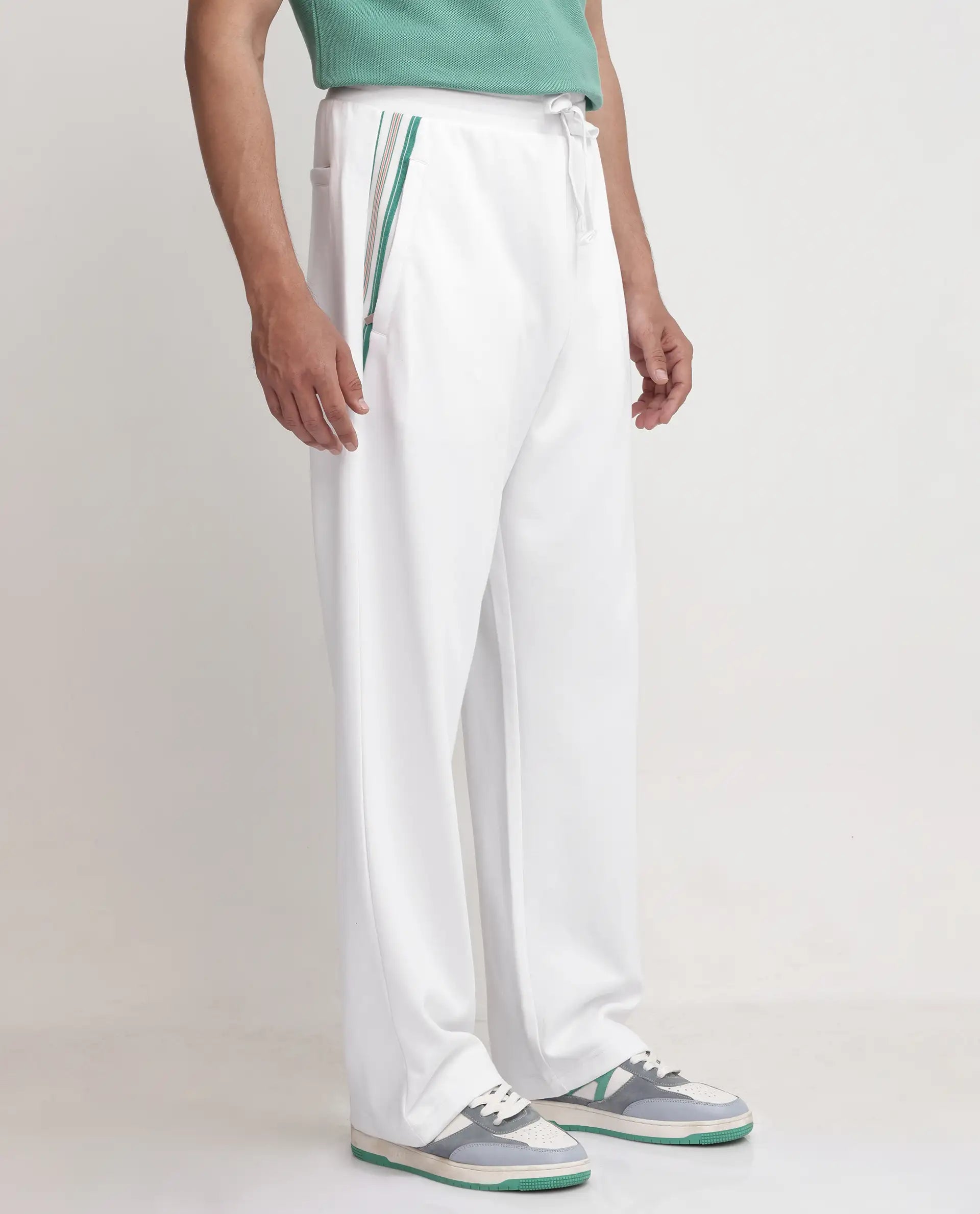 Rare Rabbit Men's Oblic White Cotton Blend Fabric Relaxed Fit Plain Track Pant