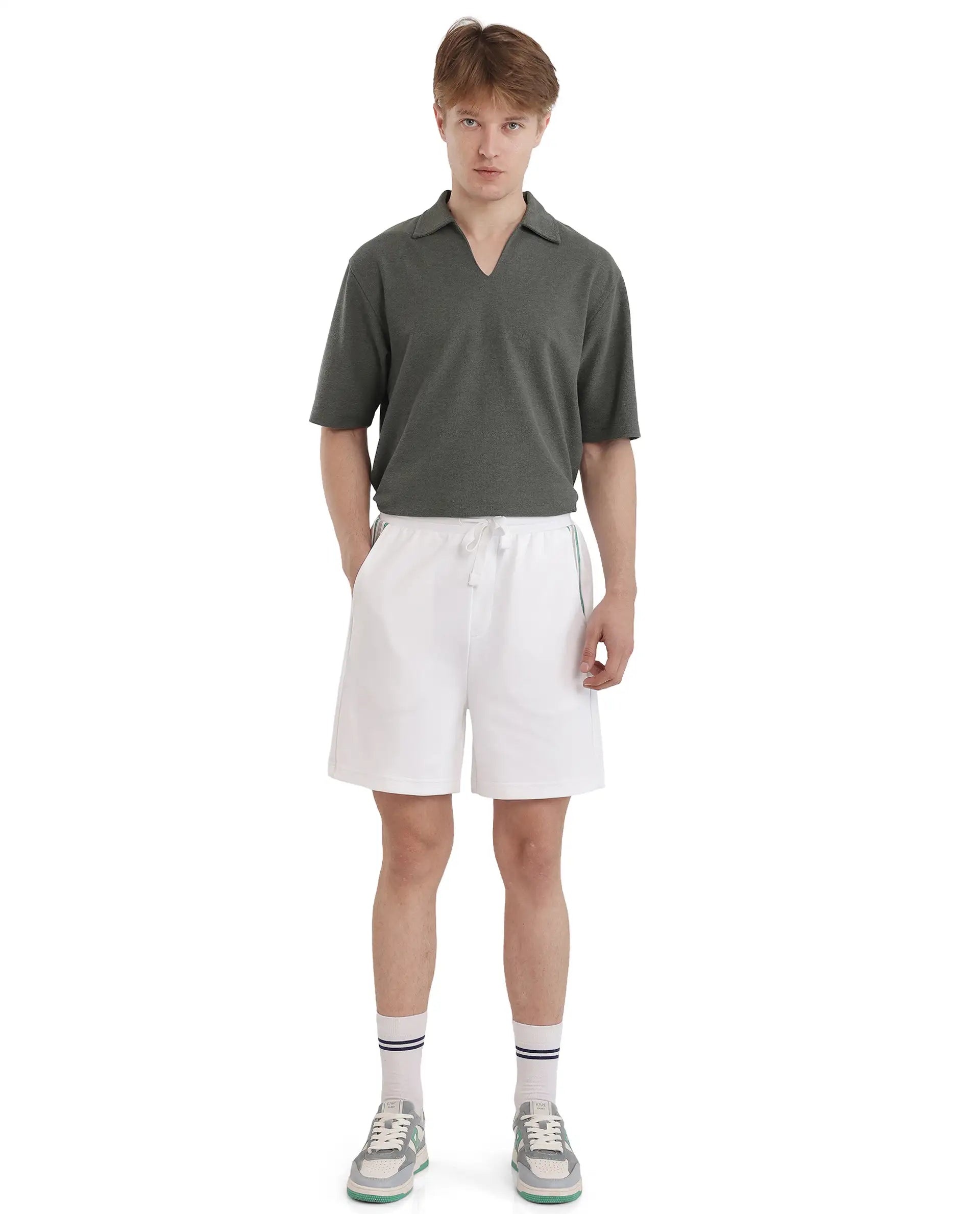 Rare Rabbit Men's Obl White Cotton Blend Fabric Relaxed Fit Plain Shorts