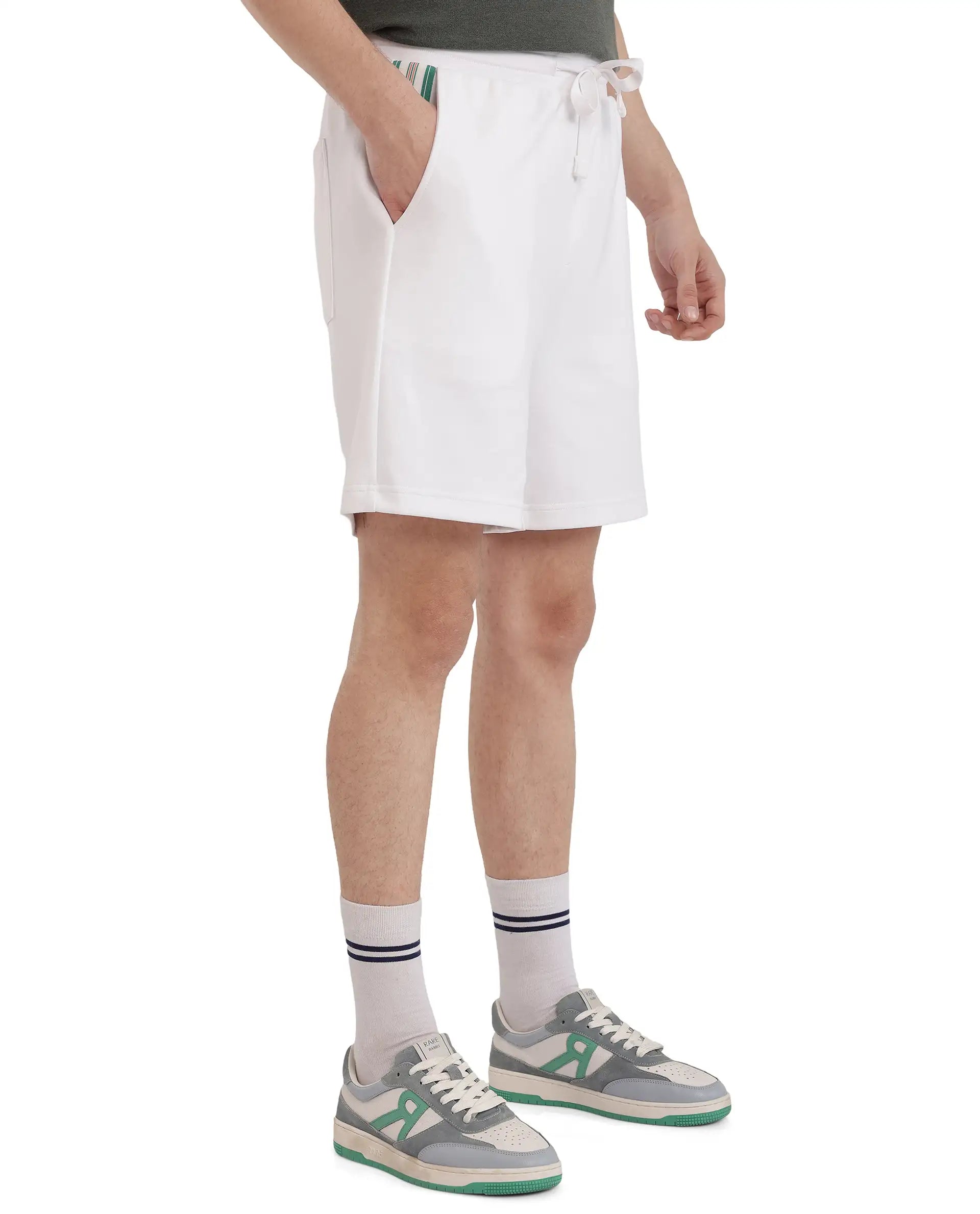 Rare Rabbit Men's Obl White Cotton Blend Fabric Relaxed Fit Plain Shorts