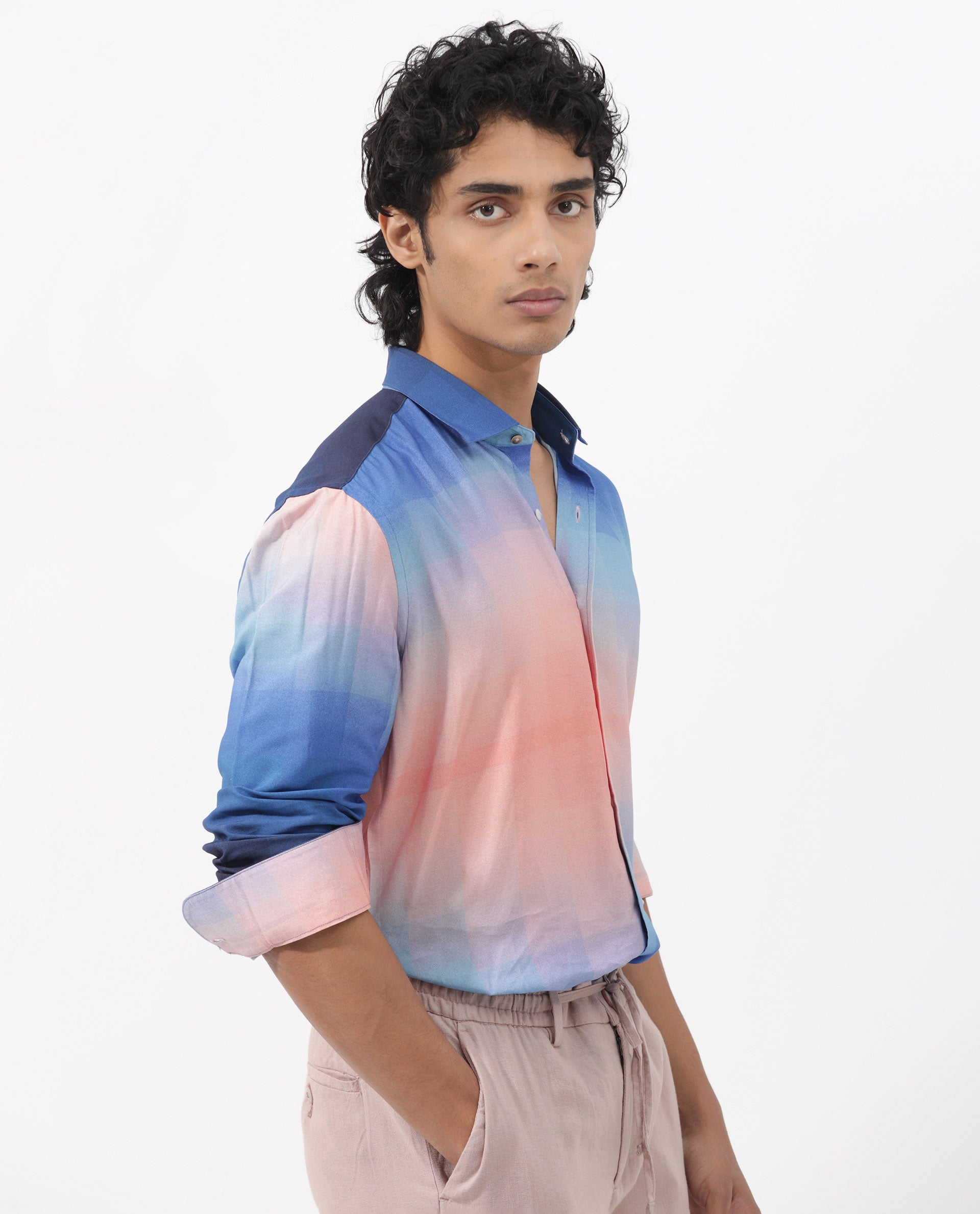 Rare Rabbit Men's Obroom Light Pink Viscose Fabric Full Sleeves Gradient Abstract Print Shirt