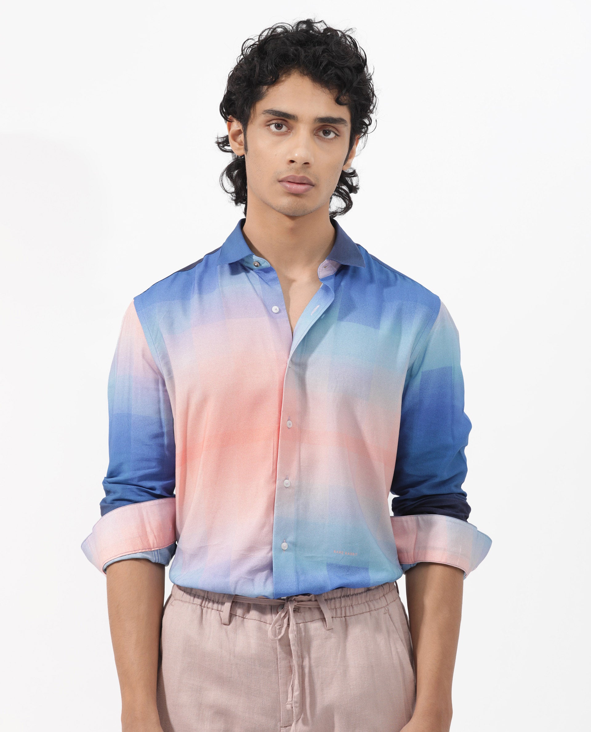 Rare Rabbit Men's Obroom Light Pink Viscose Fabric Full Sleeves Gradient Abstract Print Shirt