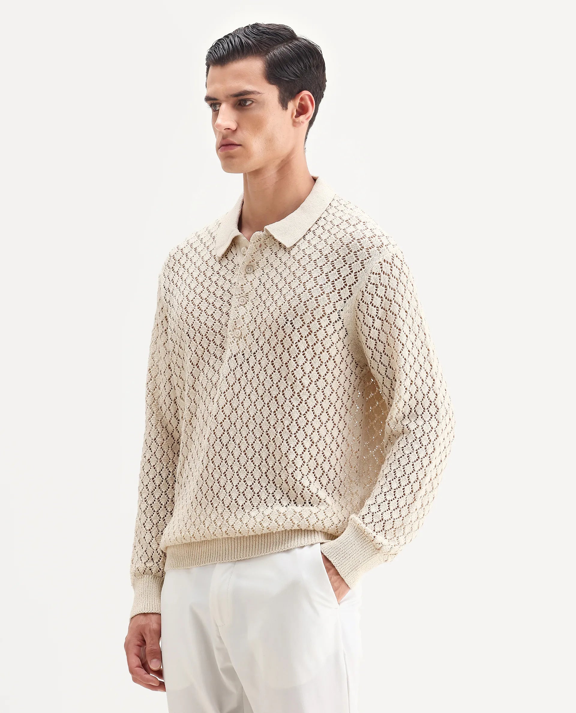 Rare Rabbit Men's Ocon Light Beige Cotton Blend Fabric Collared Neck Regular Fit Geometric Print Polo