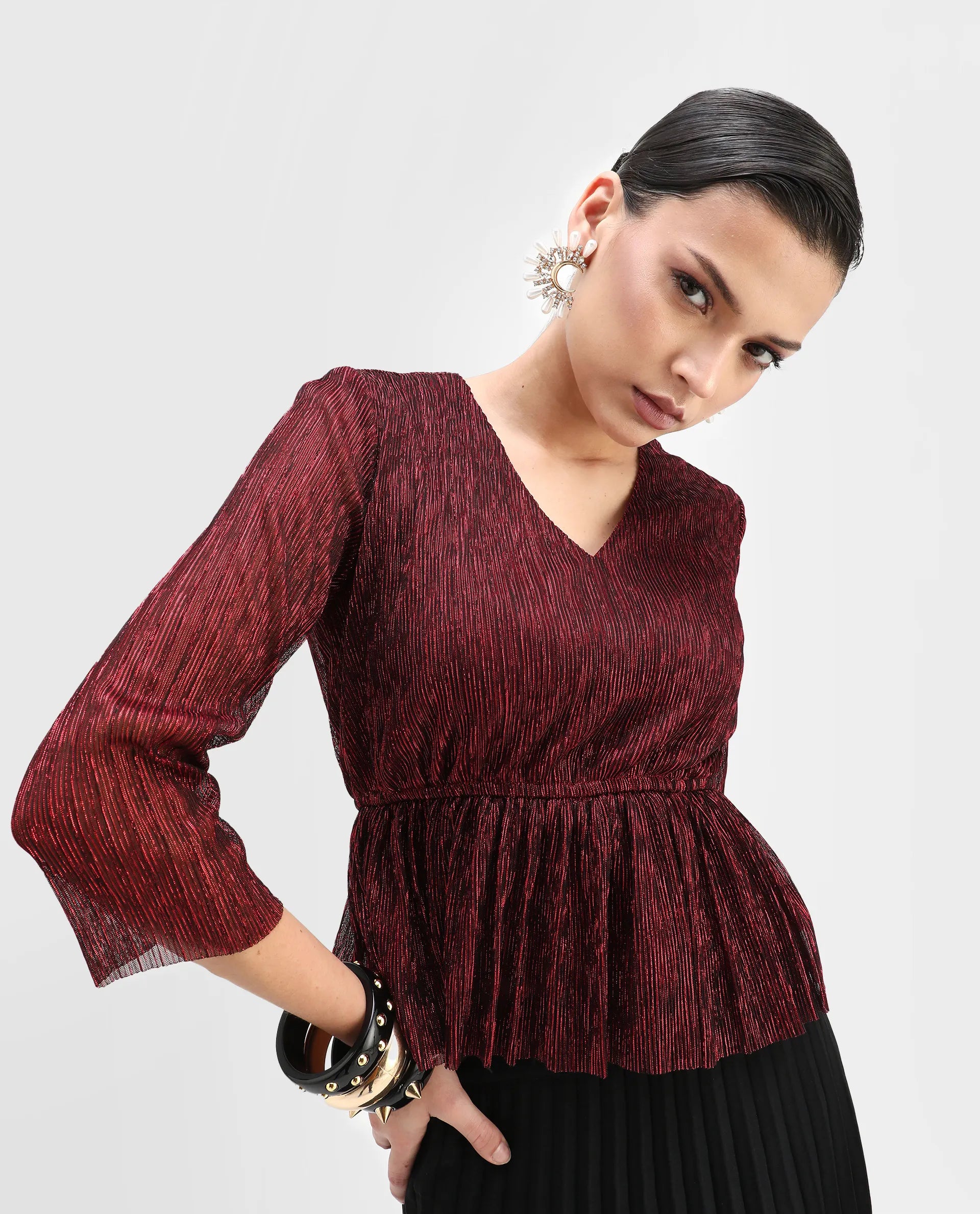 Rareism Women's Odim Metalic Red Polyester V-Neck Shimmer Regular Fit Top