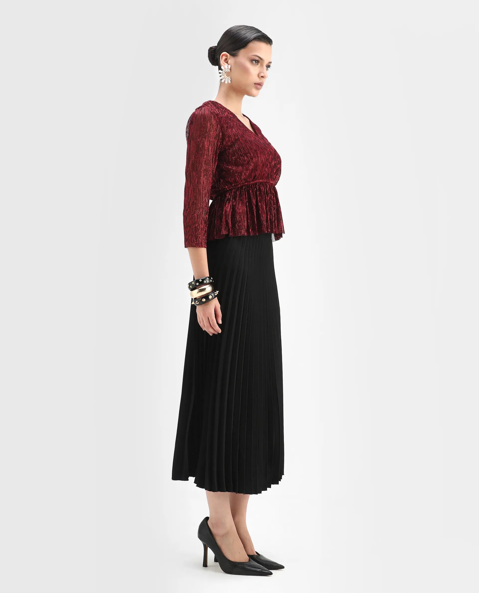 Rareism Women's Odim Metalic Red Polyester V-Neck Shimmer Regular Fit Top