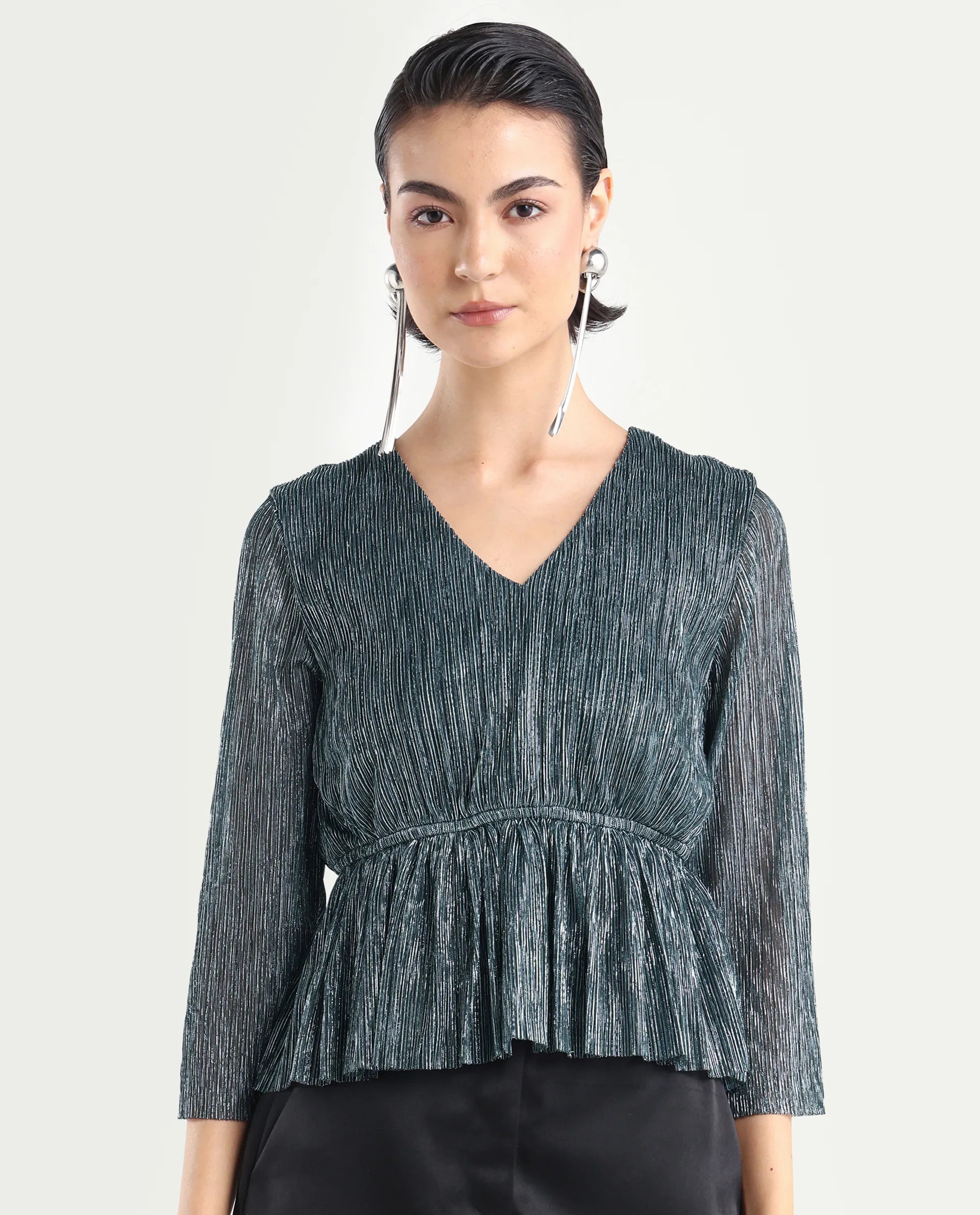 Rareism Women's Odim Metalic Silver Polyester V-Neck Shimmer Regular Fit Top