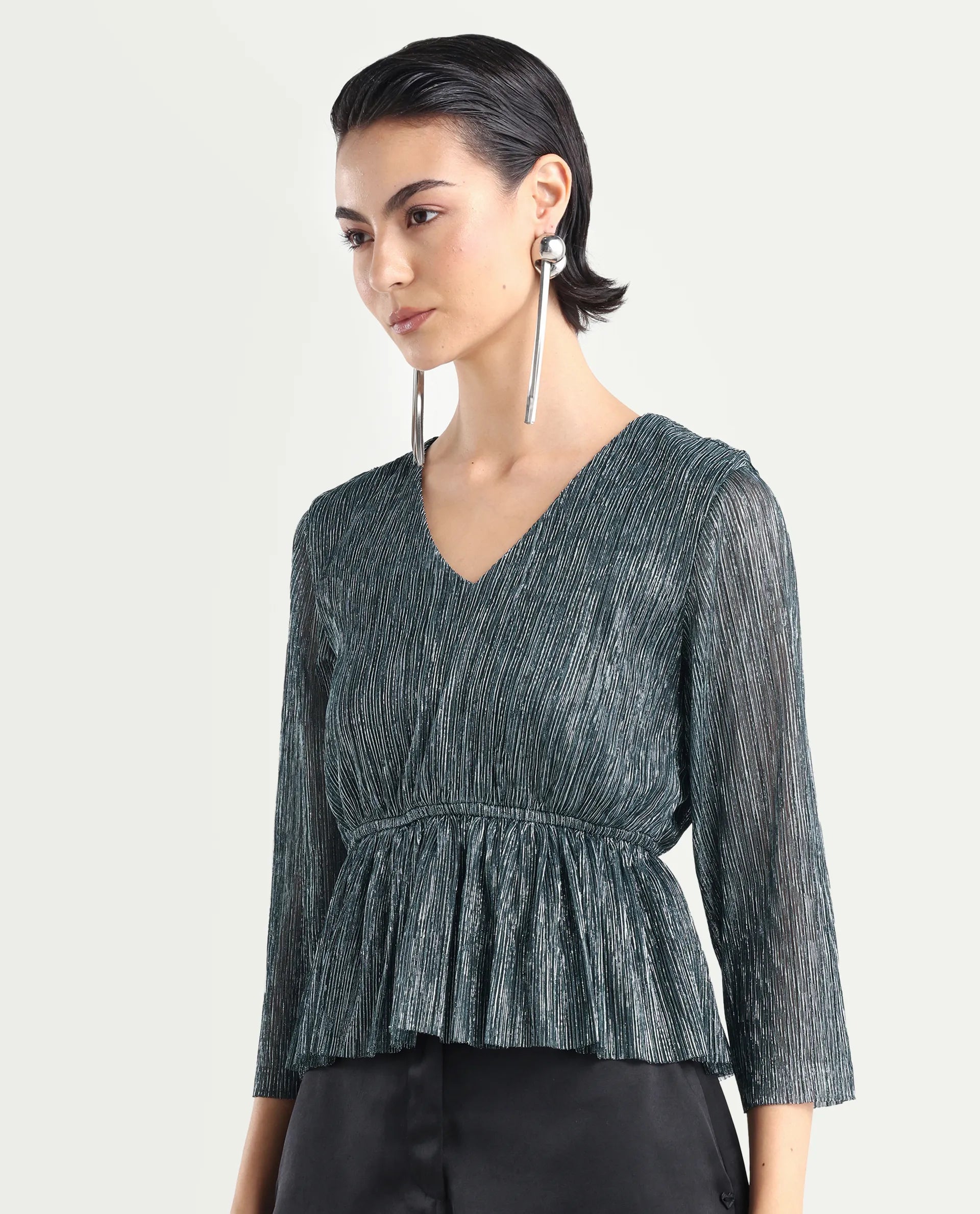 Rareism Women's Odim Metalic Silver Polyester V-Neck Shimmer Regular Fit Top