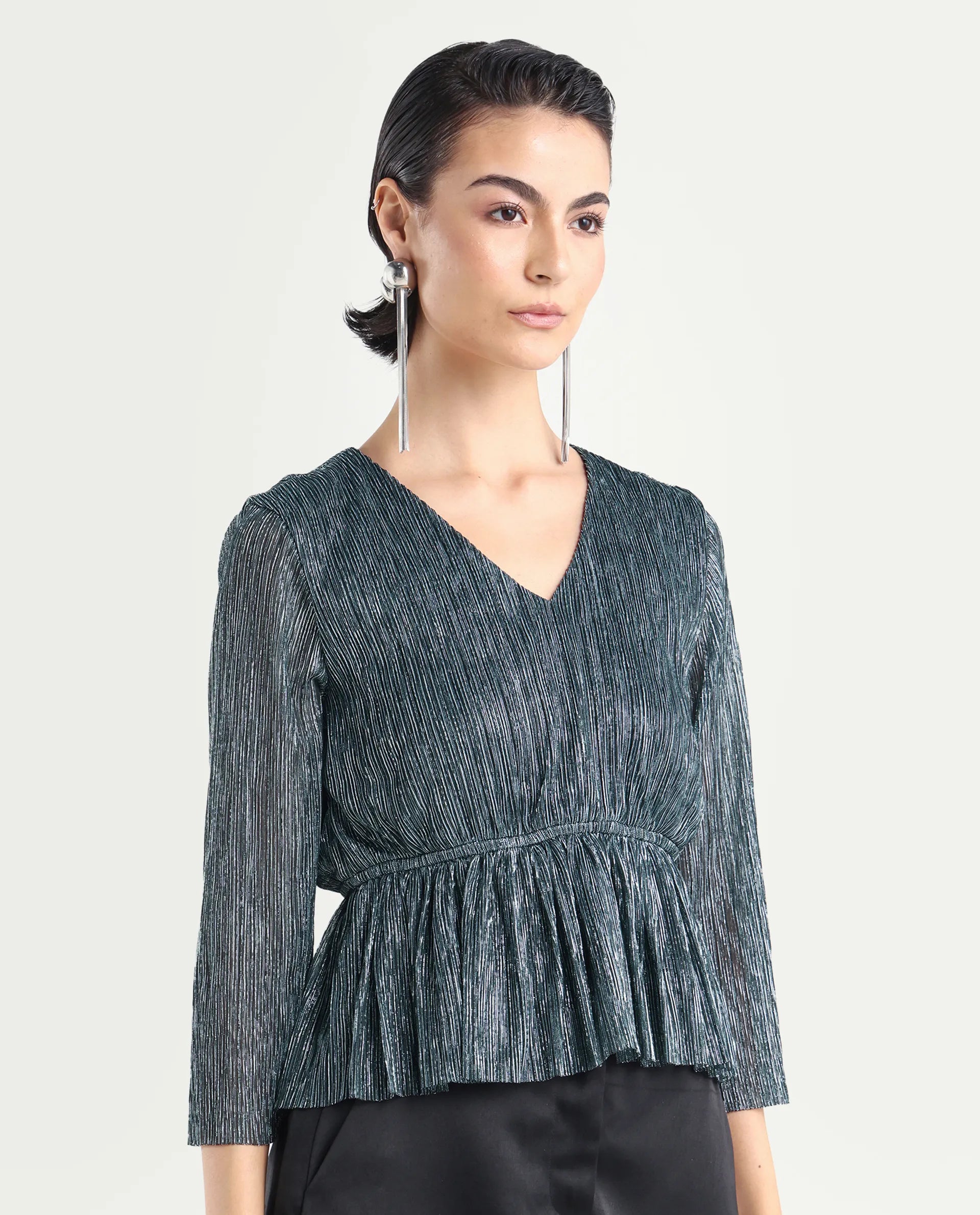 Rareism Women's Odim Metalic Silver Polyester V-Neck Shimmer Regular Fit Top